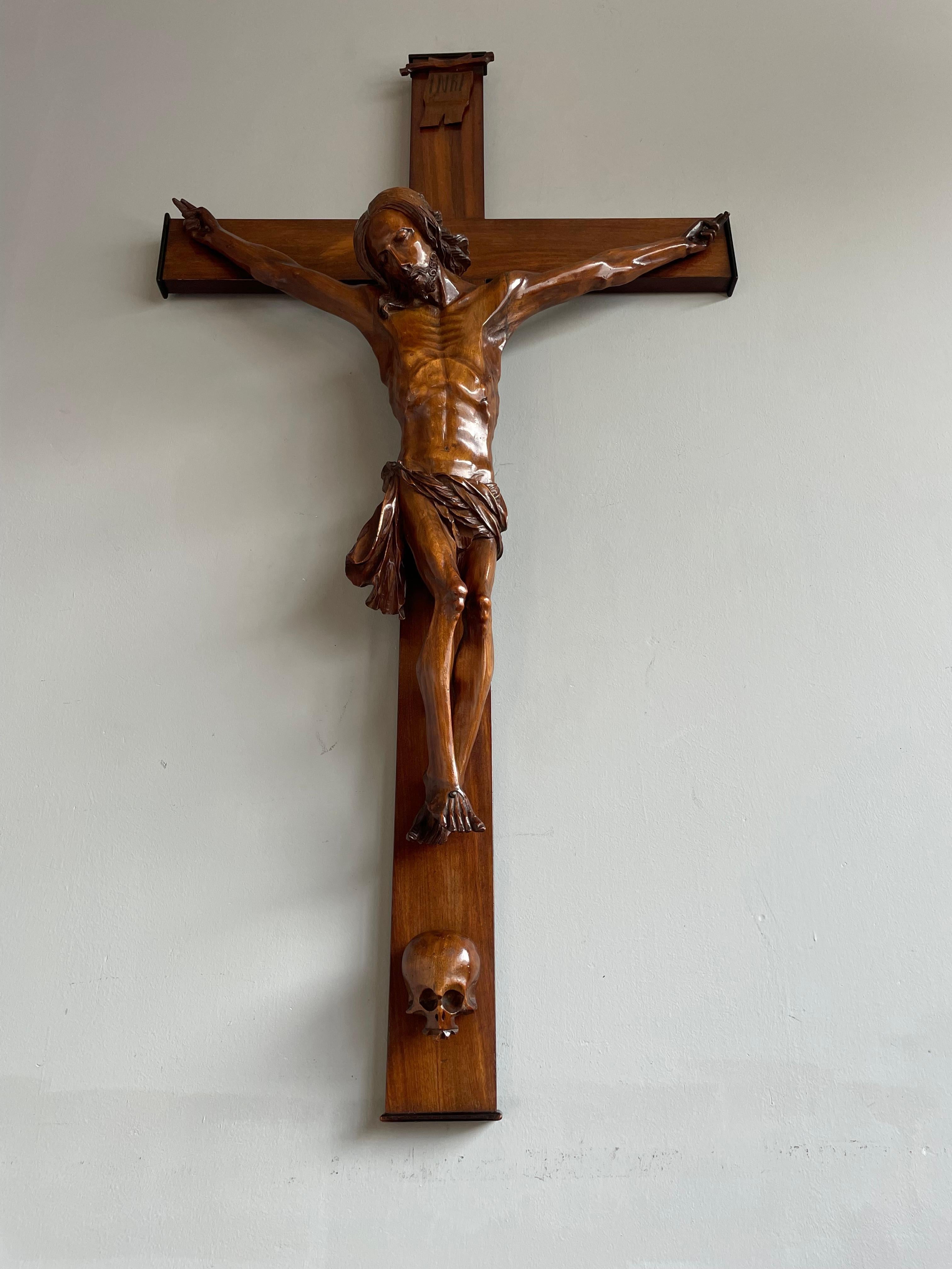 Brass Large Antique Hand Carved Nutwood Church Crucifix w. Corpus of Christ Sculpture For Sale