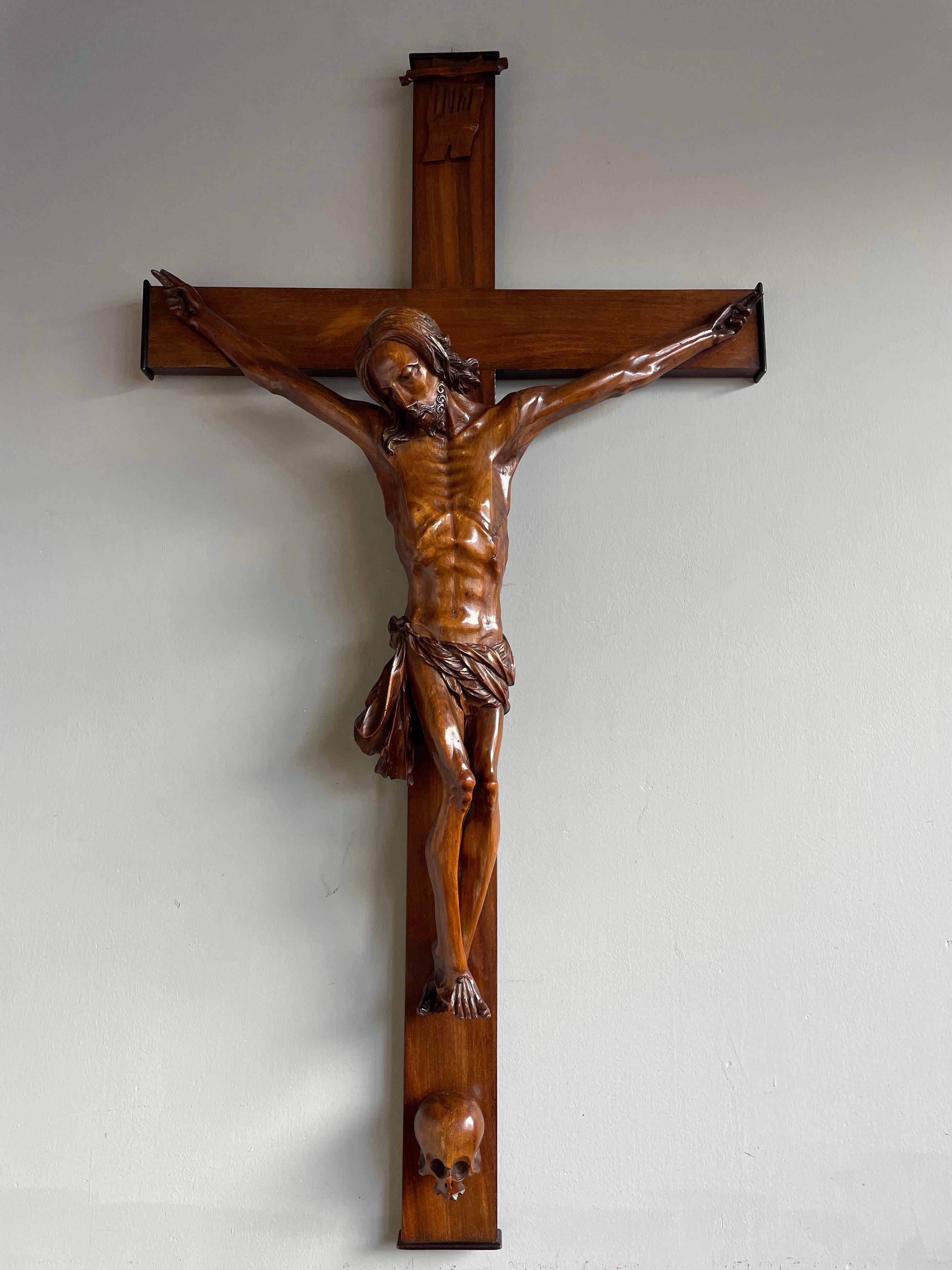 Large Antique Hand Carved Nutwood Church Crucifix w. Corpus of Christ Sculpture For Sale 1