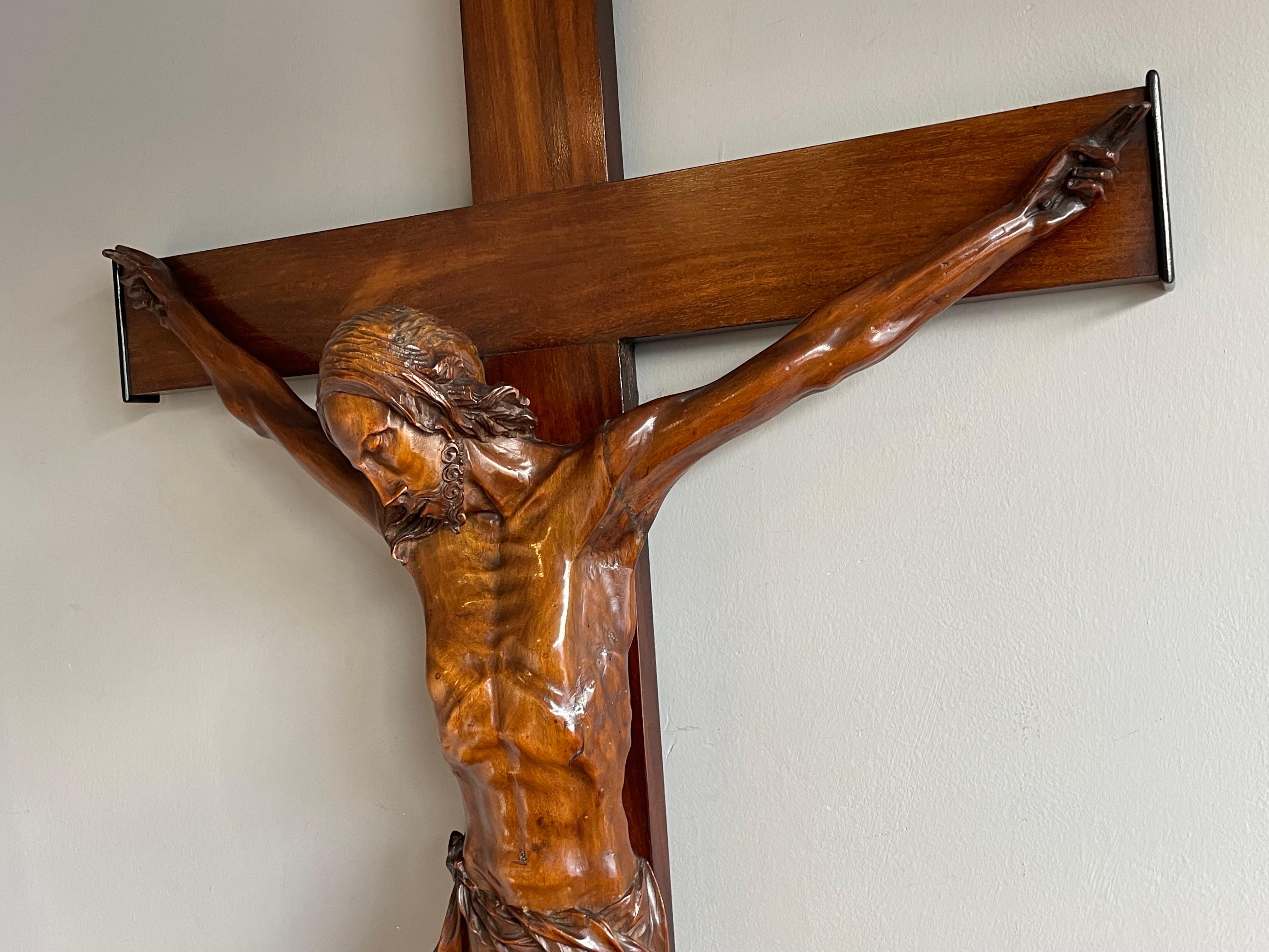 Large Antique Hand Carved Nutwood Church Crucifix w. Corpus of Christ Sculpture For Sale 5