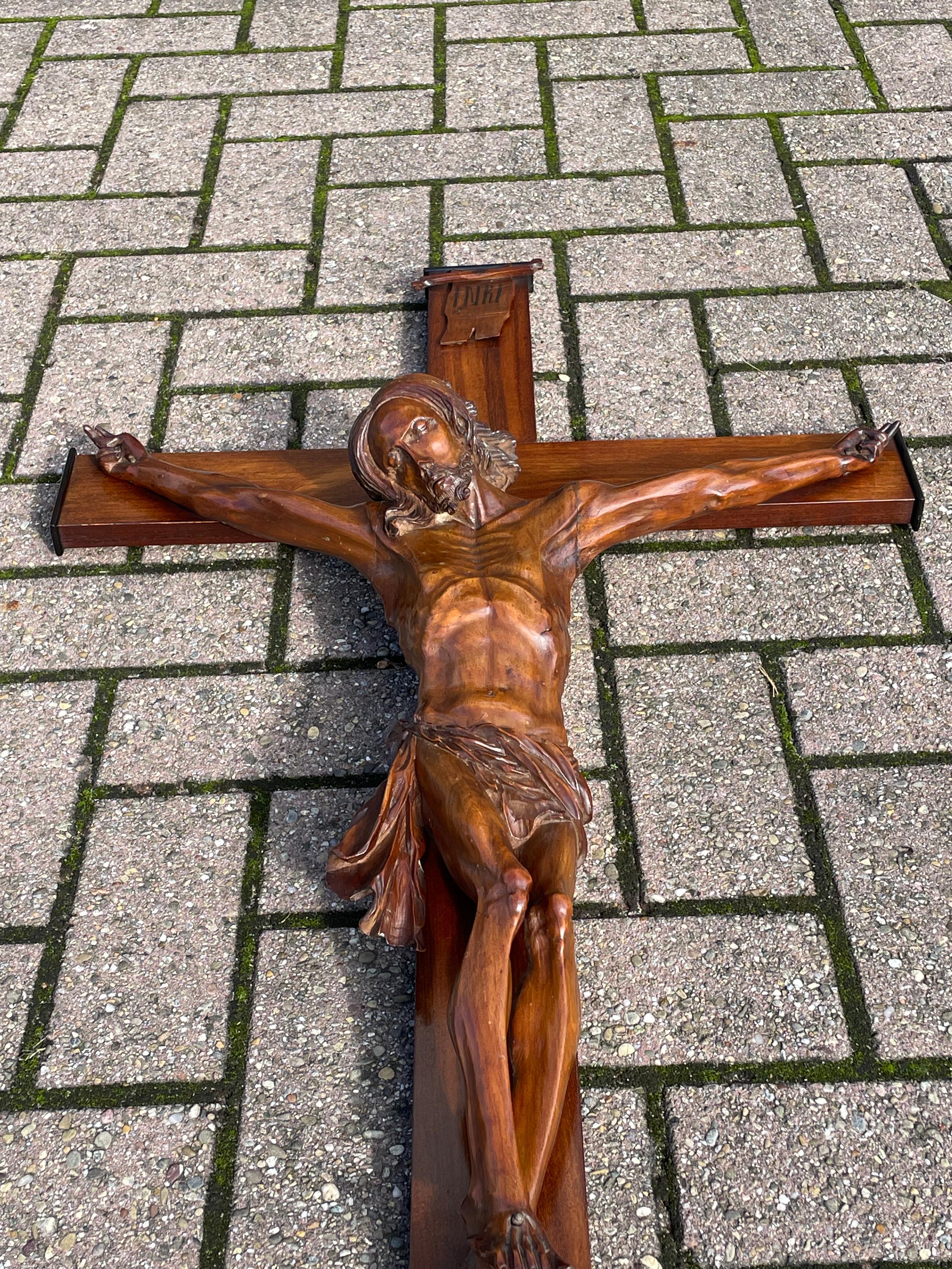 Large Antique Hand Carved Nutwood Church Crucifix w. Corpus of Christ Sculpture For Sale 8