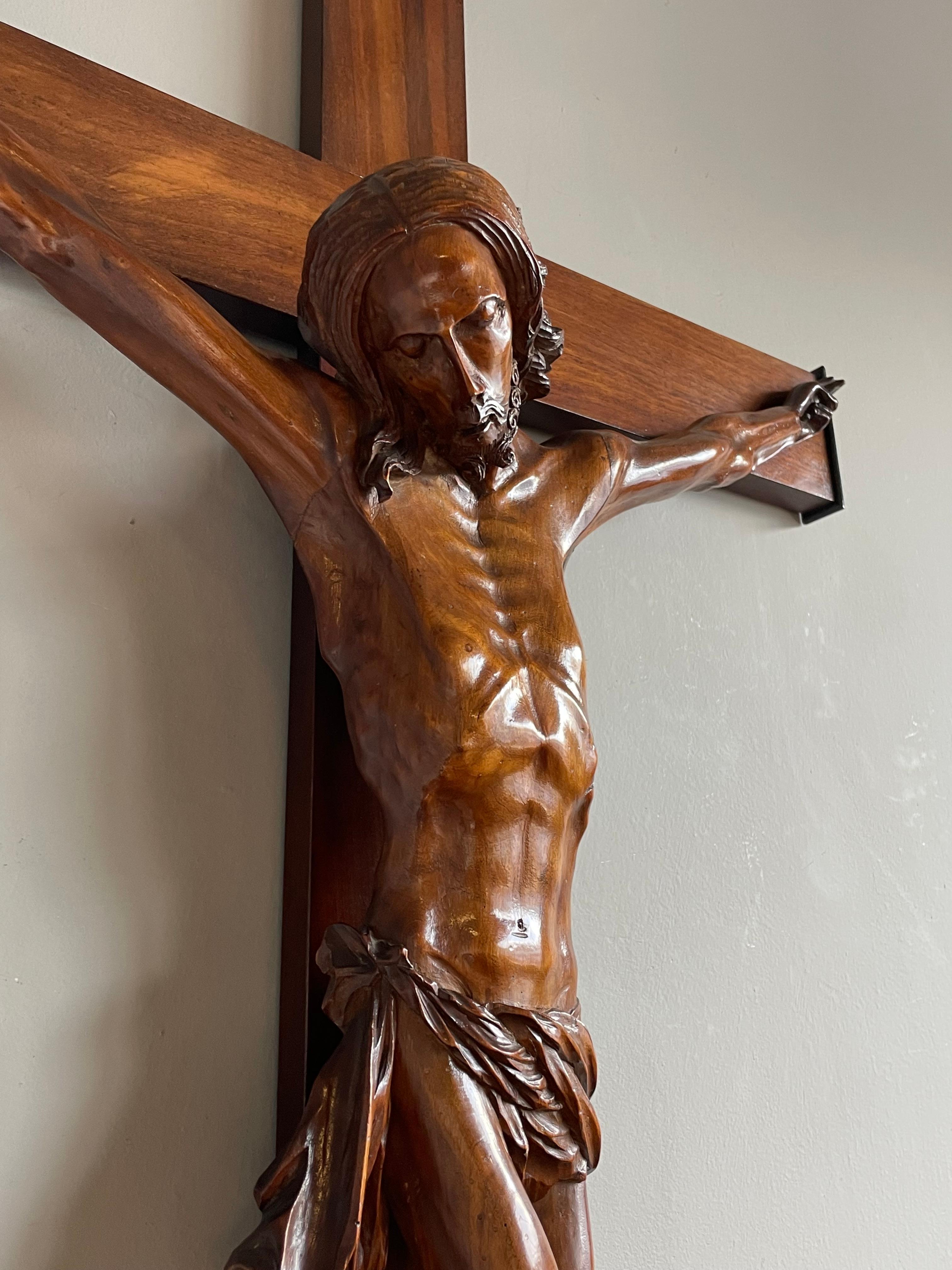 European Large Antique Hand Carved Nutwood Church Crucifix w. Corpus of Christ Sculpture For Sale