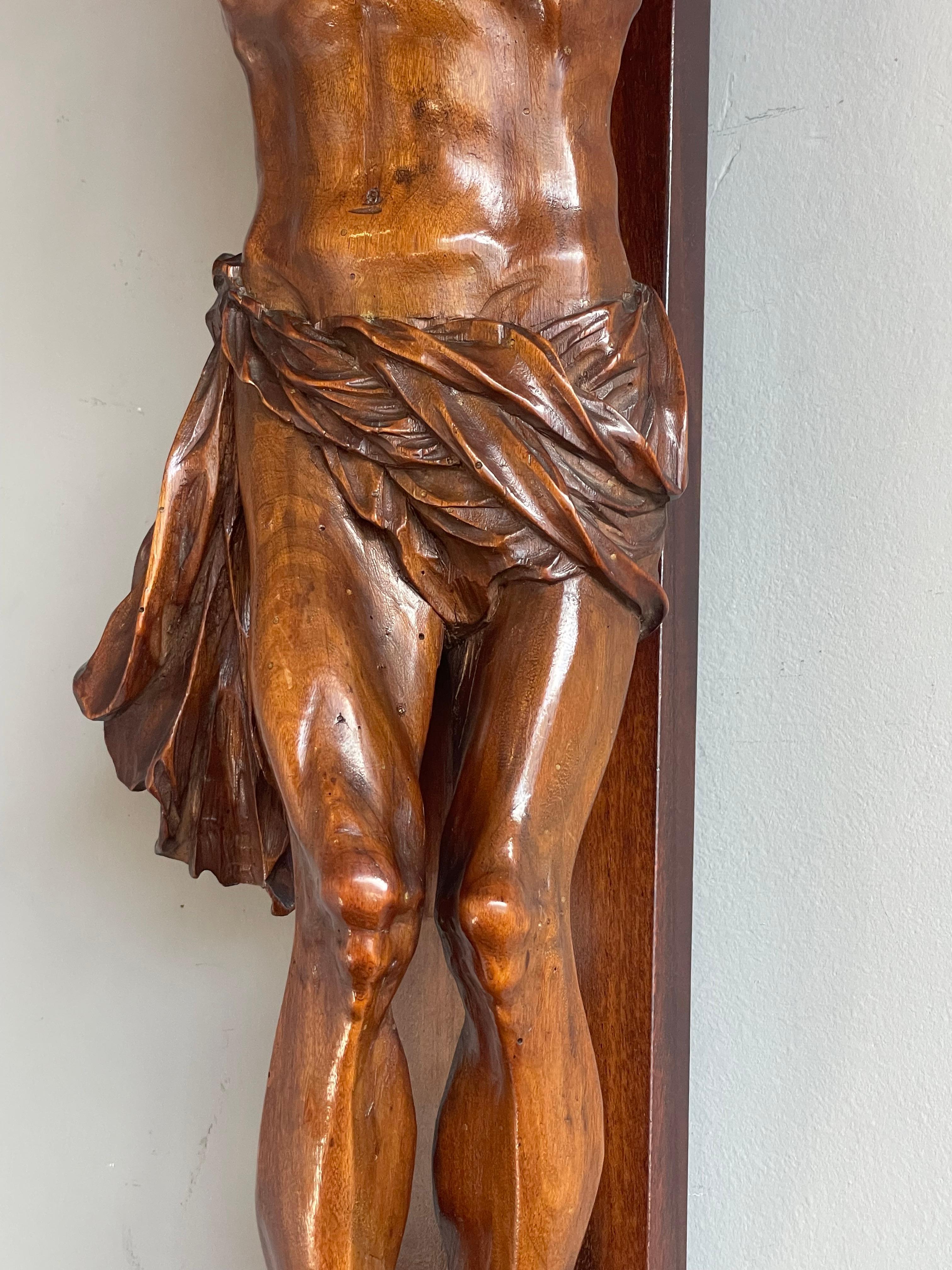 Hand-Carved Large Antique Hand Carved Nutwood Church Crucifix w. Corpus of Christ Sculpture For Sale