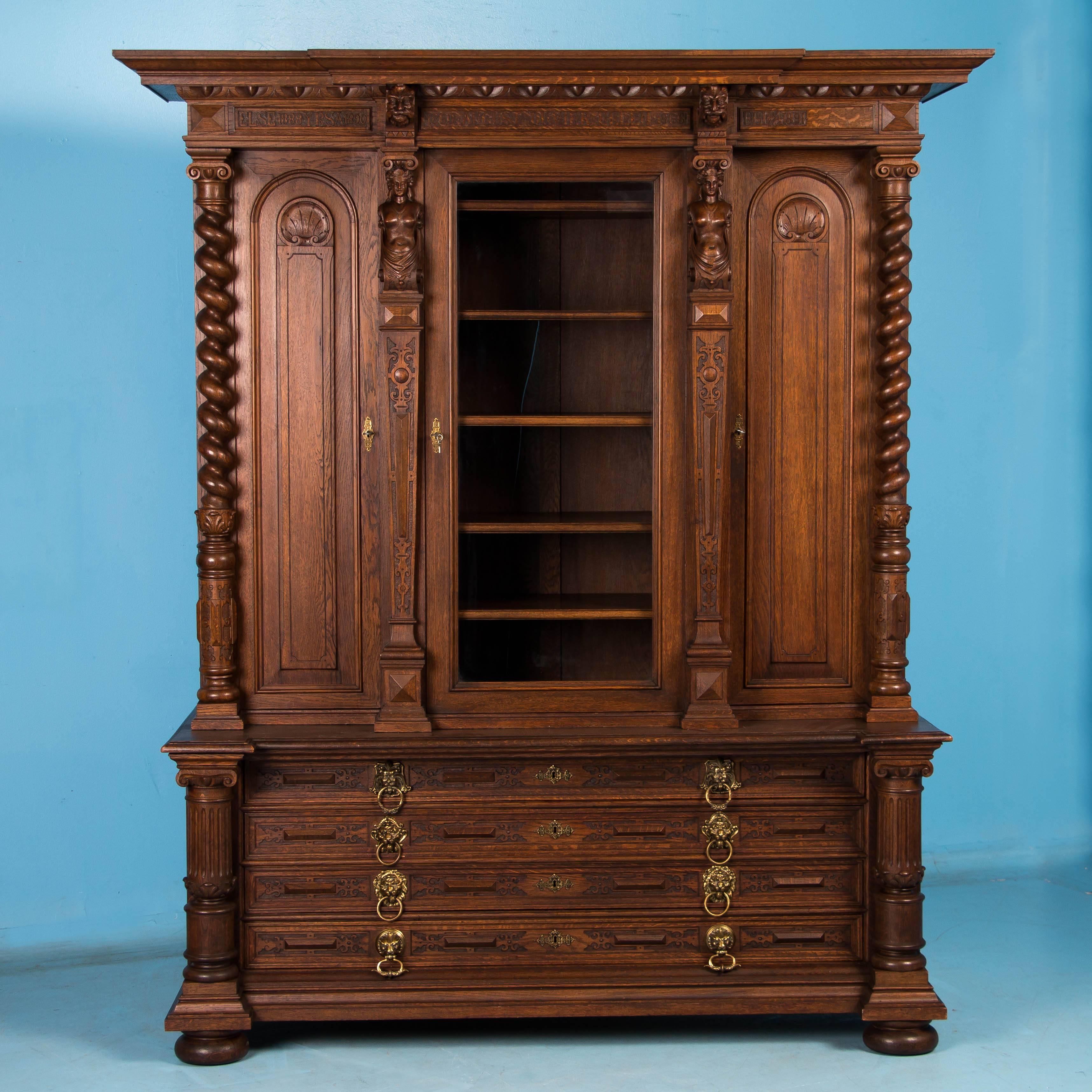 Danish Large Antique Hand-Carved Oak Bookcase