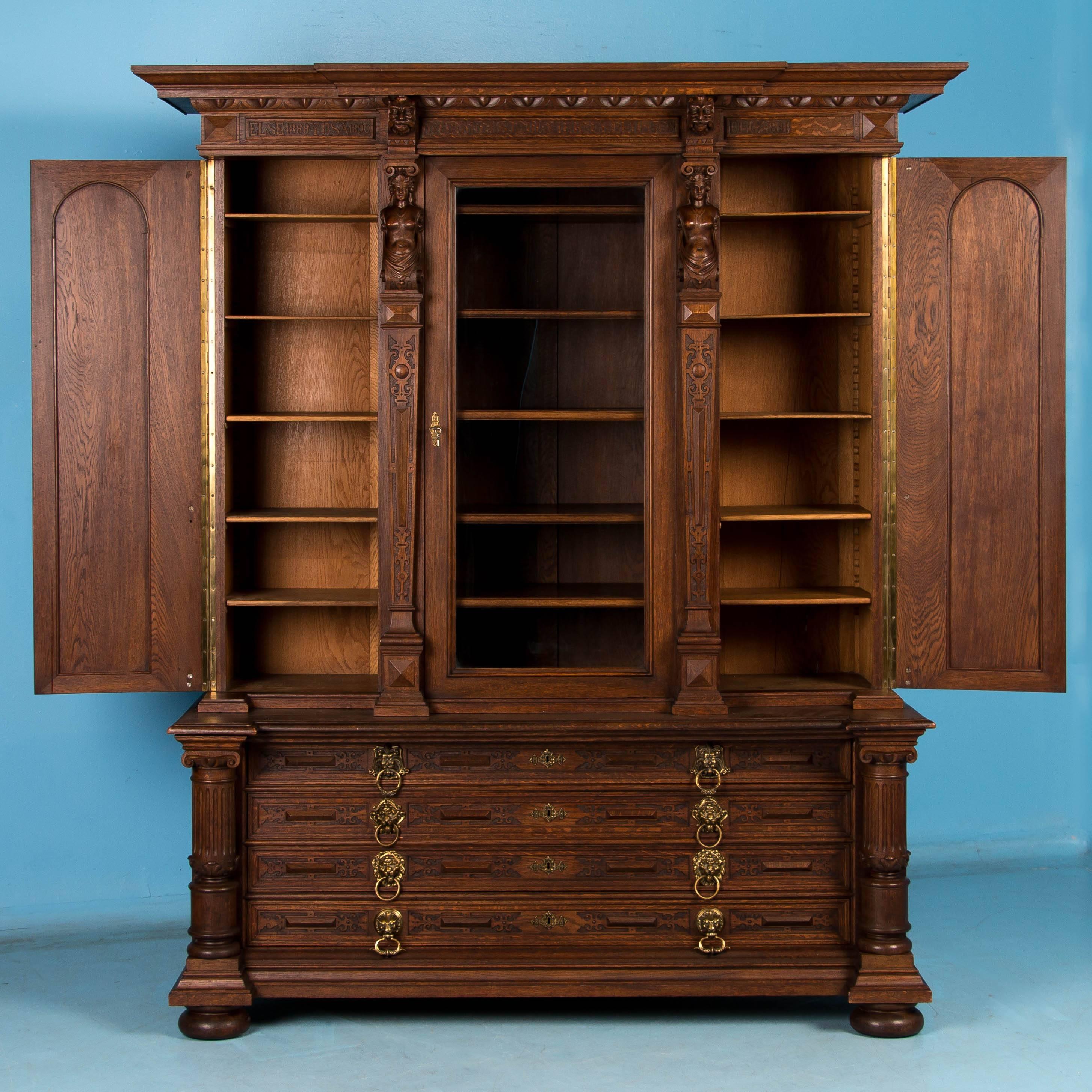 Large Antique Hand-Carved Oak Bookcase In Good Condition In Round Top, TX