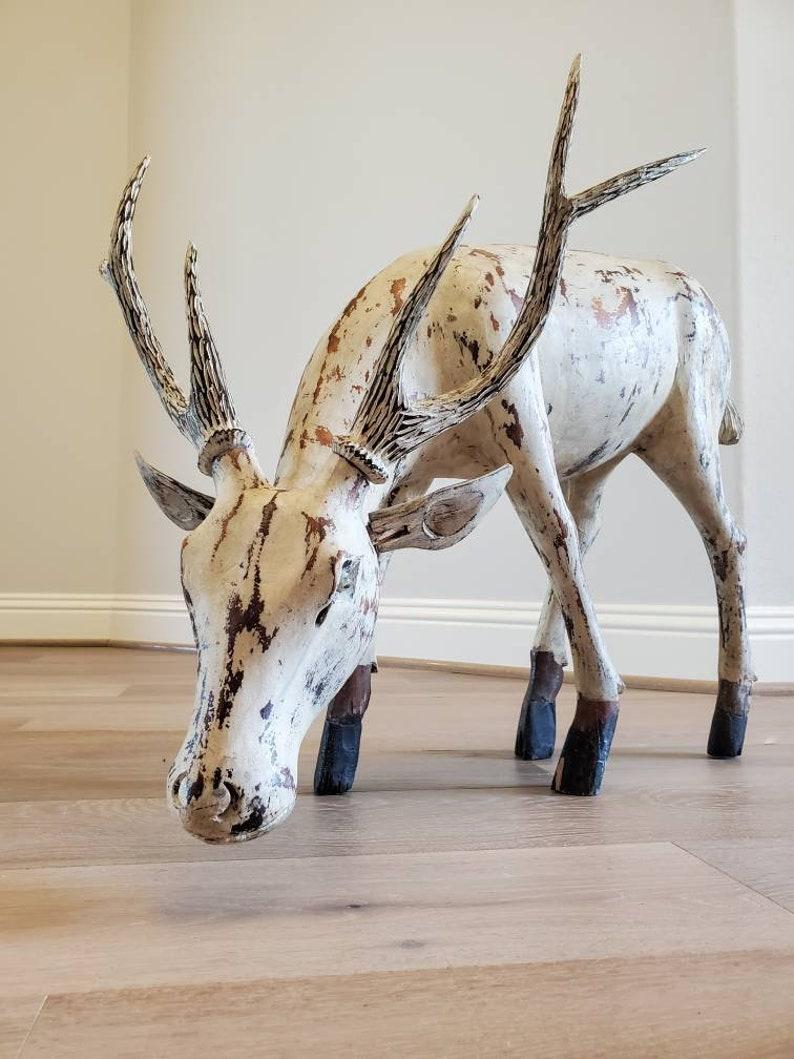 Folk Art Large Antique Hand Carved Painted Stag Sculpture For Sale