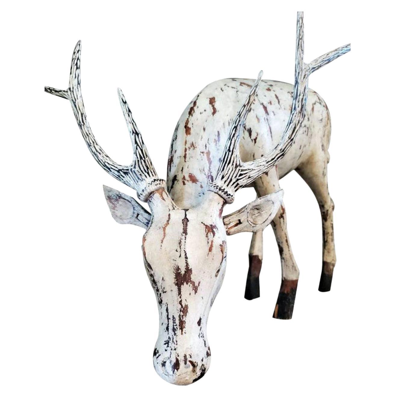 Large Antique Hand Carved Painted Stag Sculpture