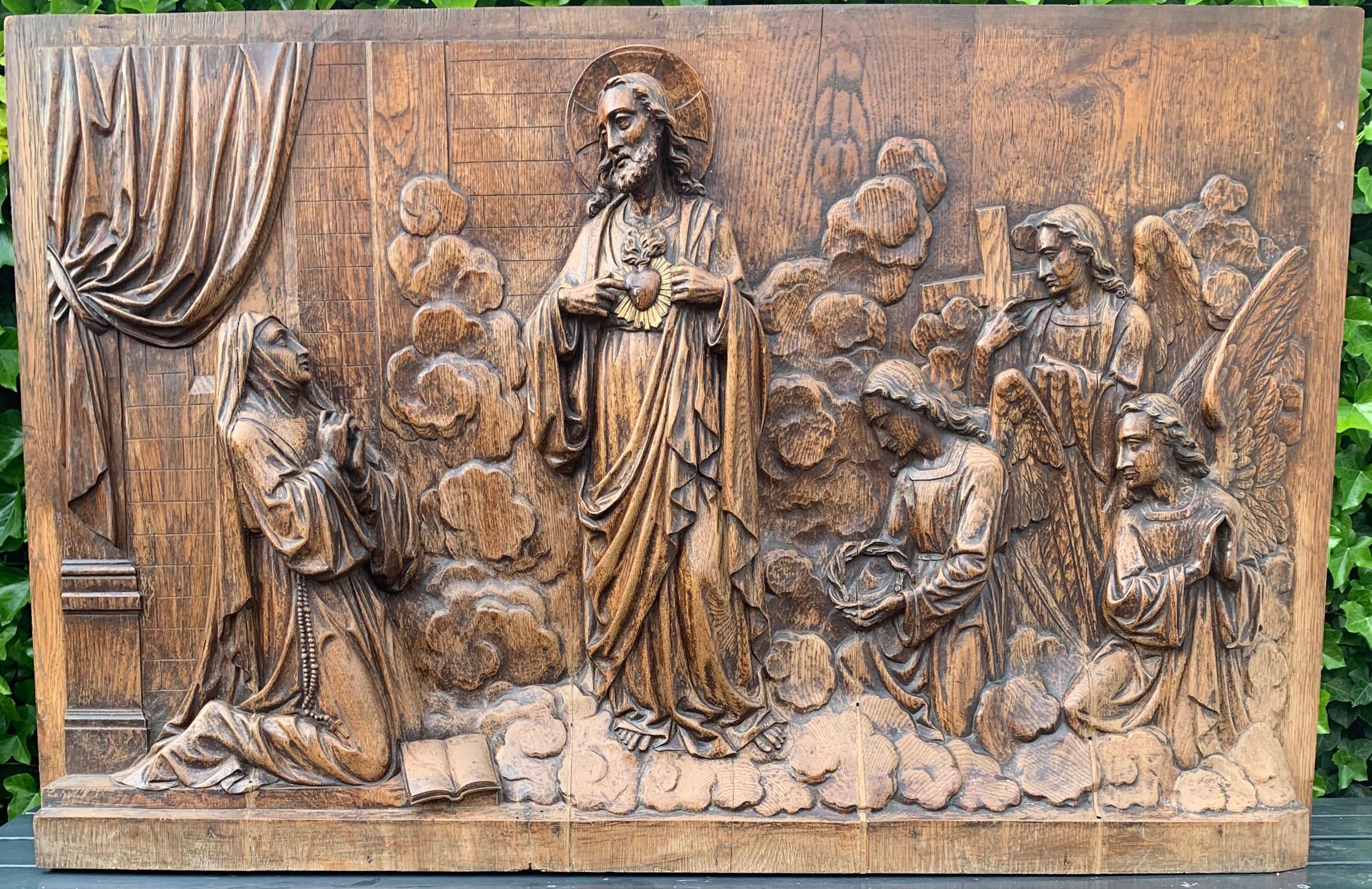 Large Hand Carved Antique Sculpture of Apparition of Jesus to St. Margaret Mary For Sale 2
