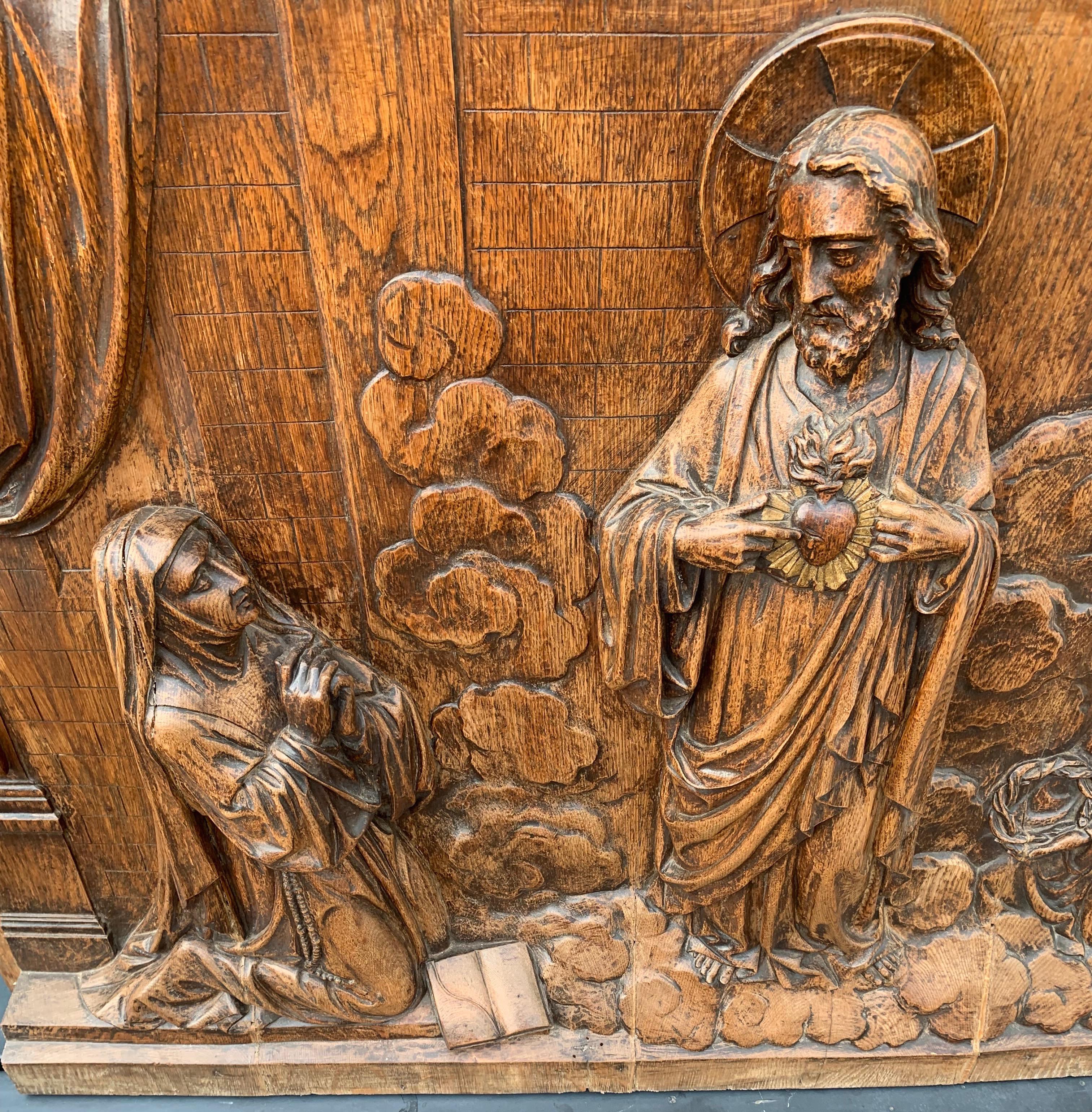 One of a kind, large and marvelous work of religious art.

With thanks to one of our honorable Frater clients we have learned that this unique and marvelously hand carved wall sculpture is a carving depicting the famous apparition of Jesus to the