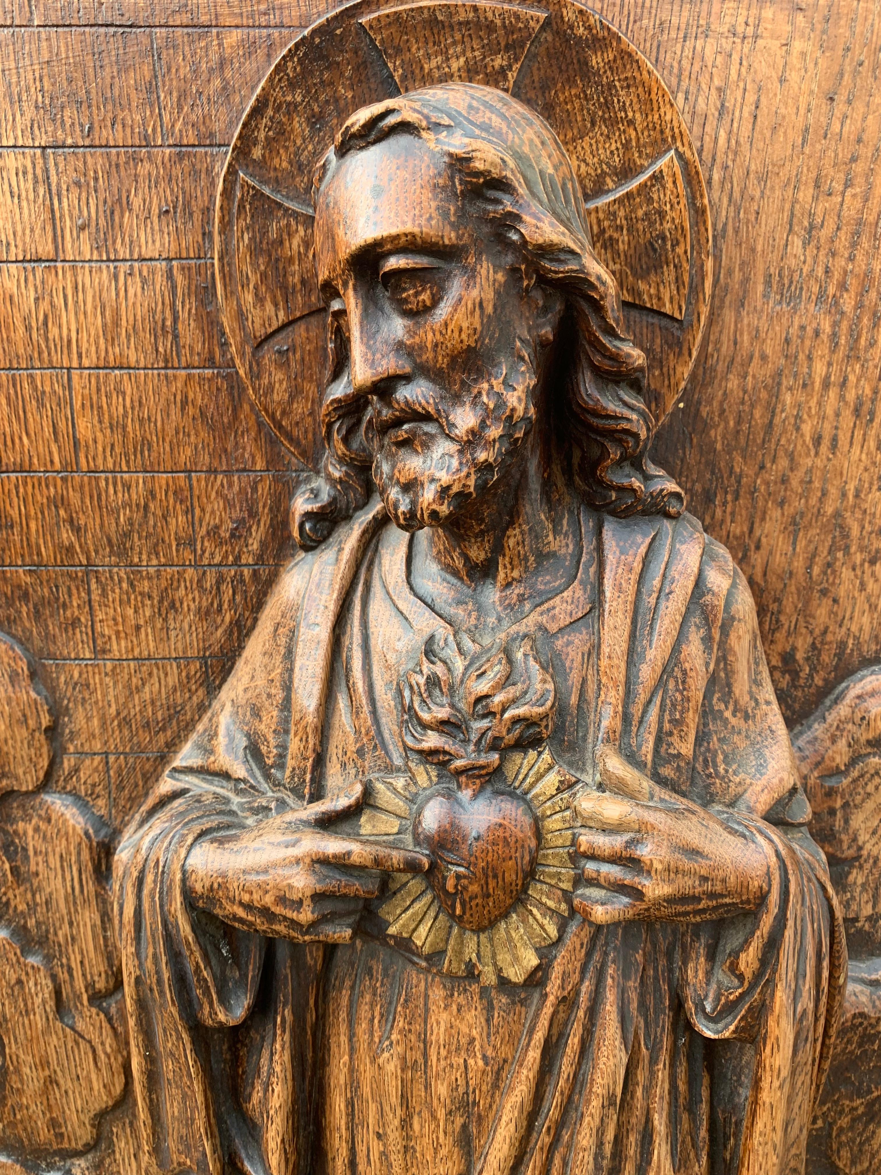 European Large Hand Carved Antique Sculpture of Apparition of Jesus to St. Margaret Mary For Sale