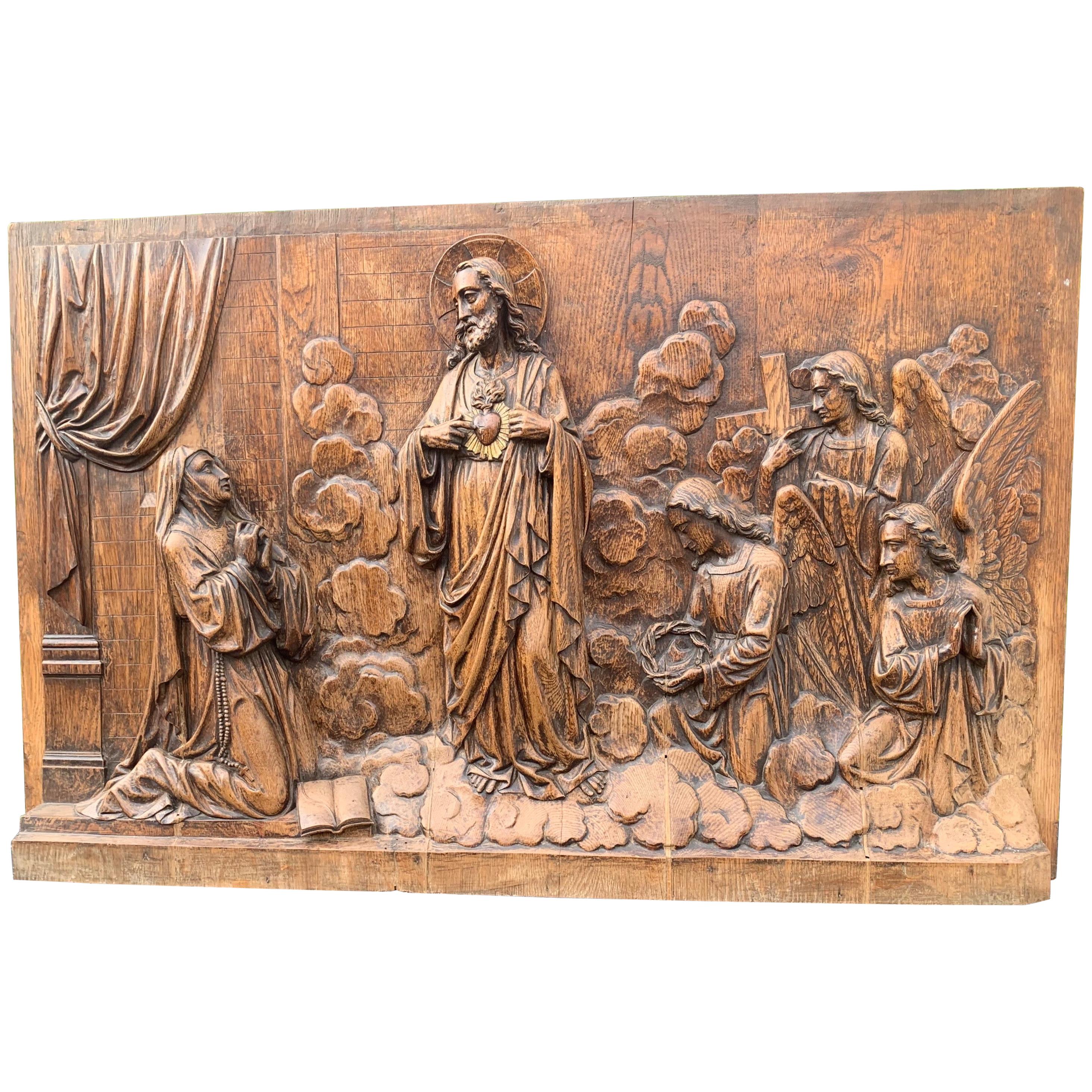 Large Hand Carved Antique Sculpture of Apparition of Jesus to St. Margaret Mary