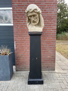 Large Antique Hand Carved Sandstone Sculpture, Bust of Christ with Display Stand