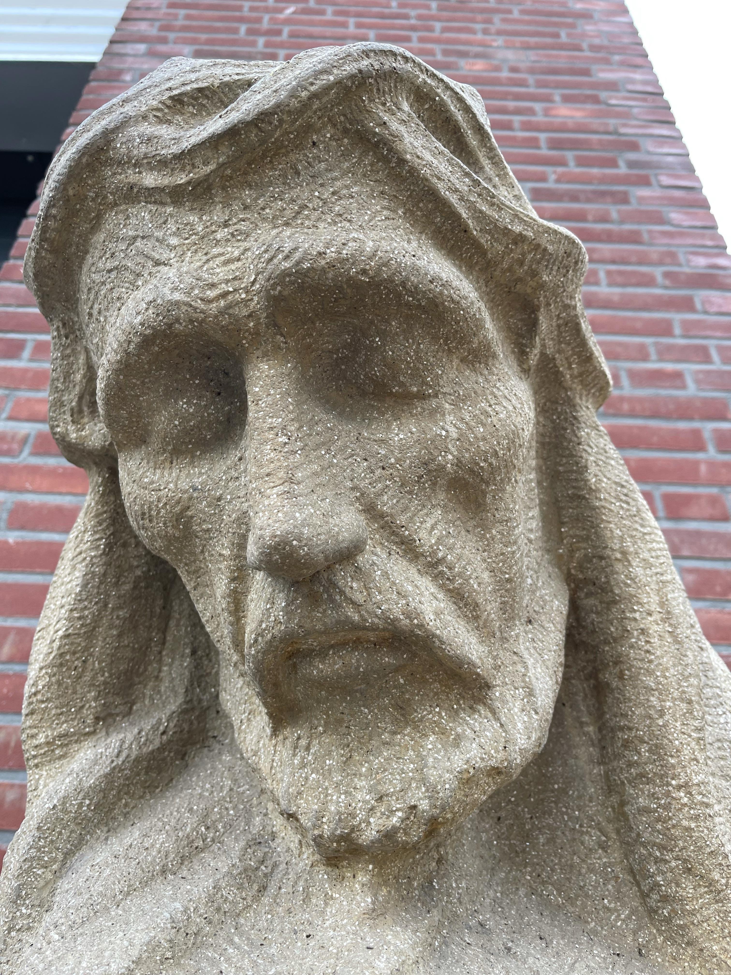 Large Antique Hand Carved Sandstone Sculpture, Bust of Christ with Display Stand In Excellent Condition For Sale In Lisse, NL