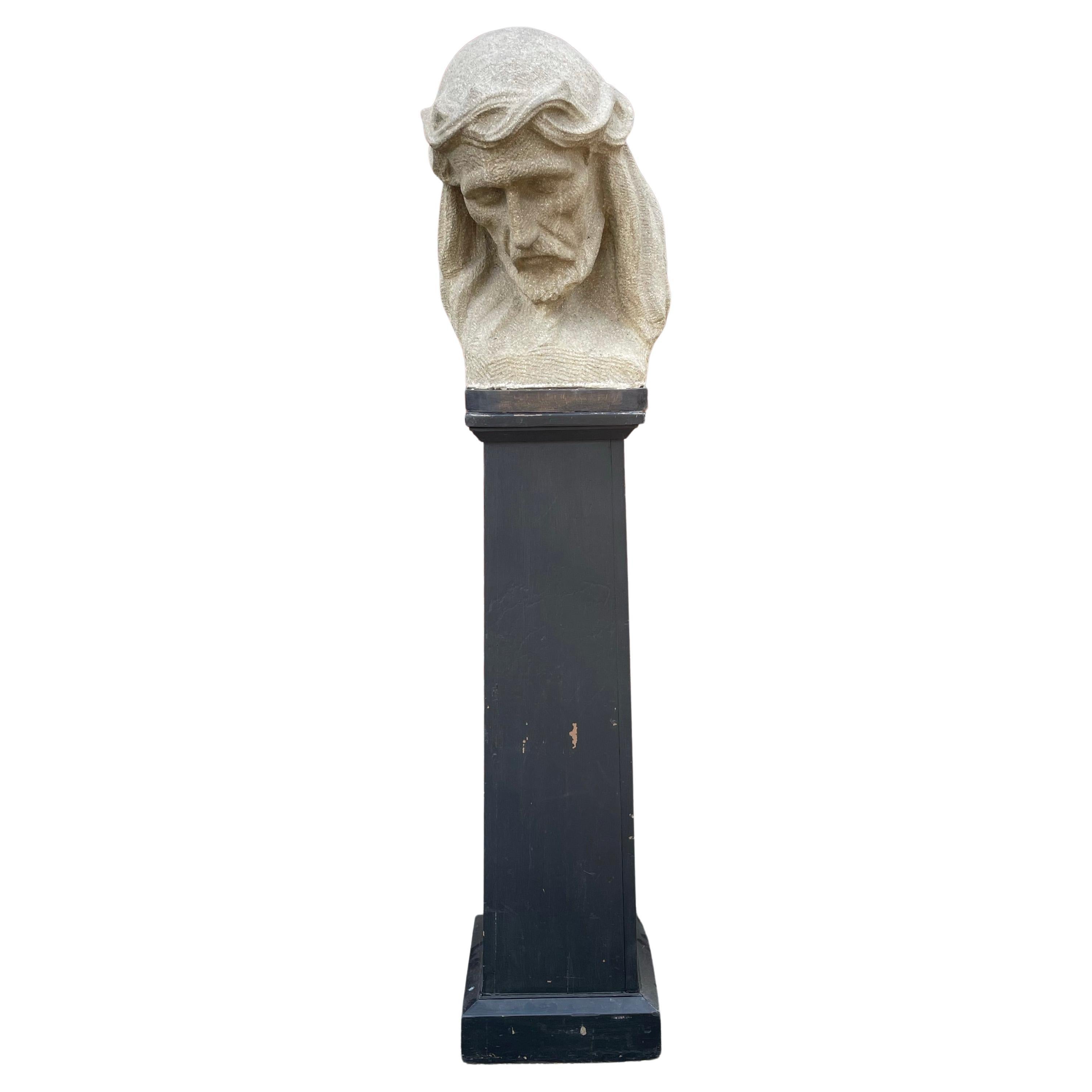 Large Antique Hand Carved Sandstone Sculpture, Bust of Christ with Display Stand For Sale