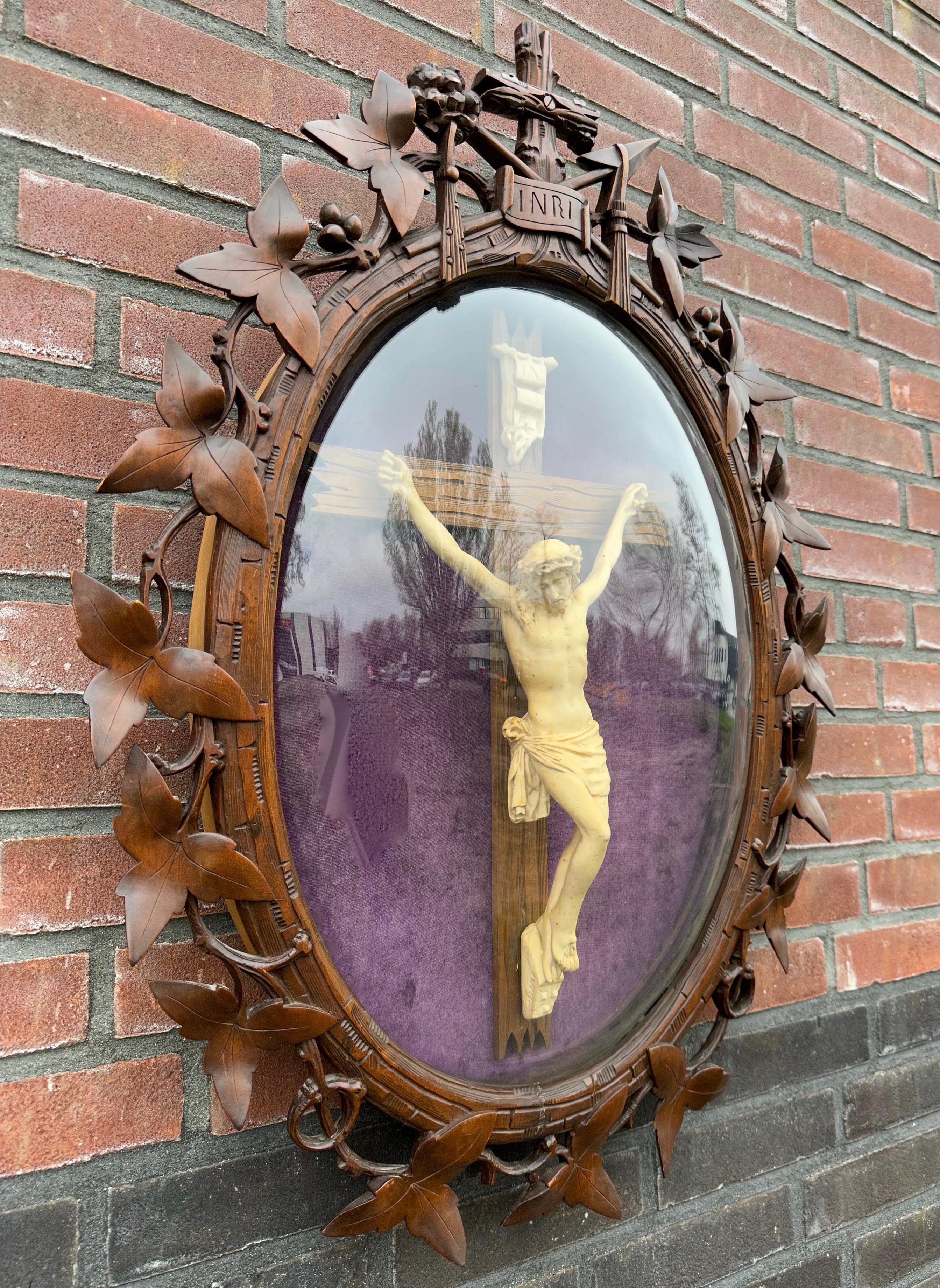 Large Antique Hand Carved Wood Black Forest Wall Plaque W. Crucifix Behind Glass For Sale 3