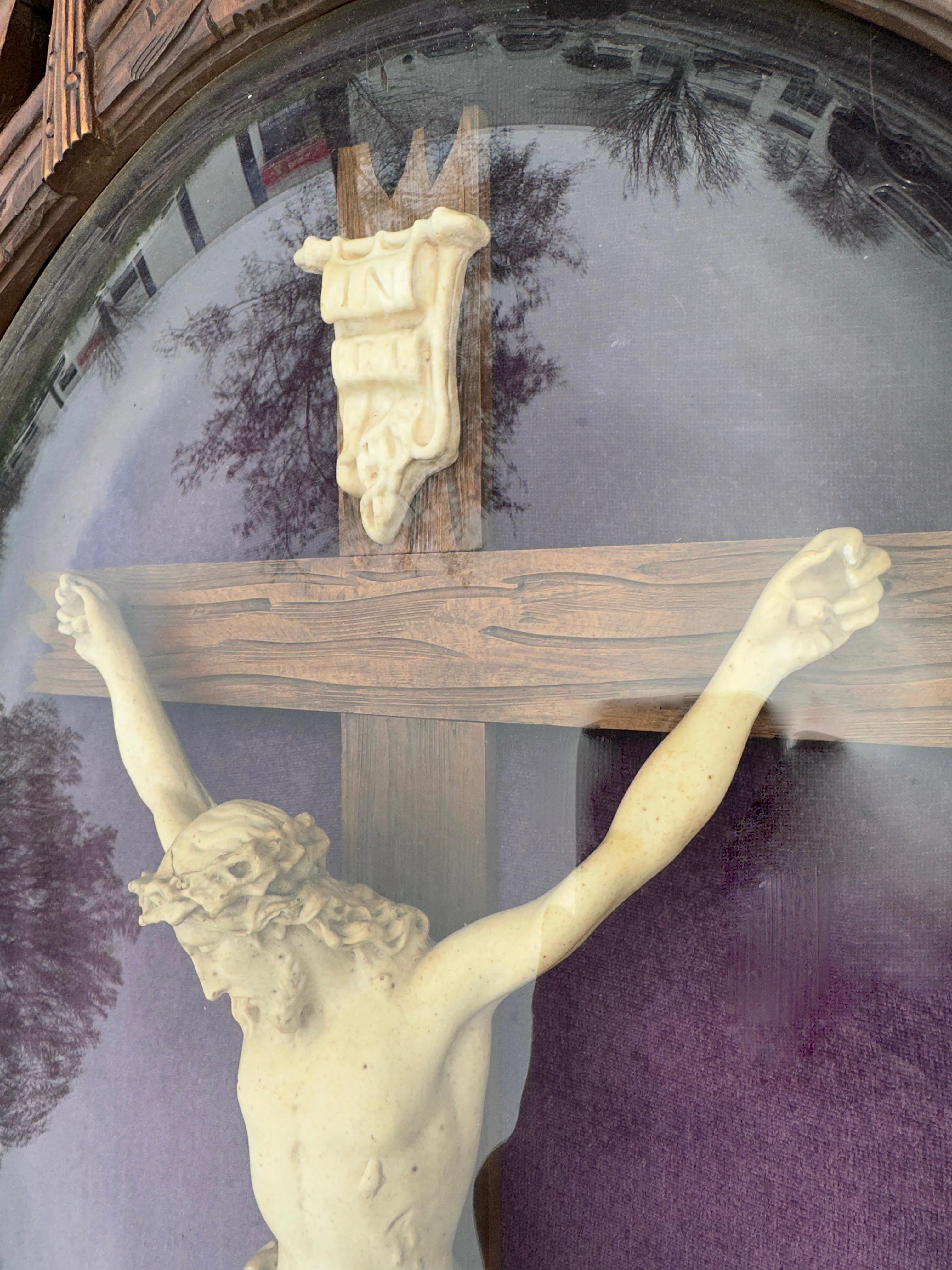 Large Antique Hand Carved Wood Black Forest Wall Plaque W. Crucifix Behind Glass For Sale 4