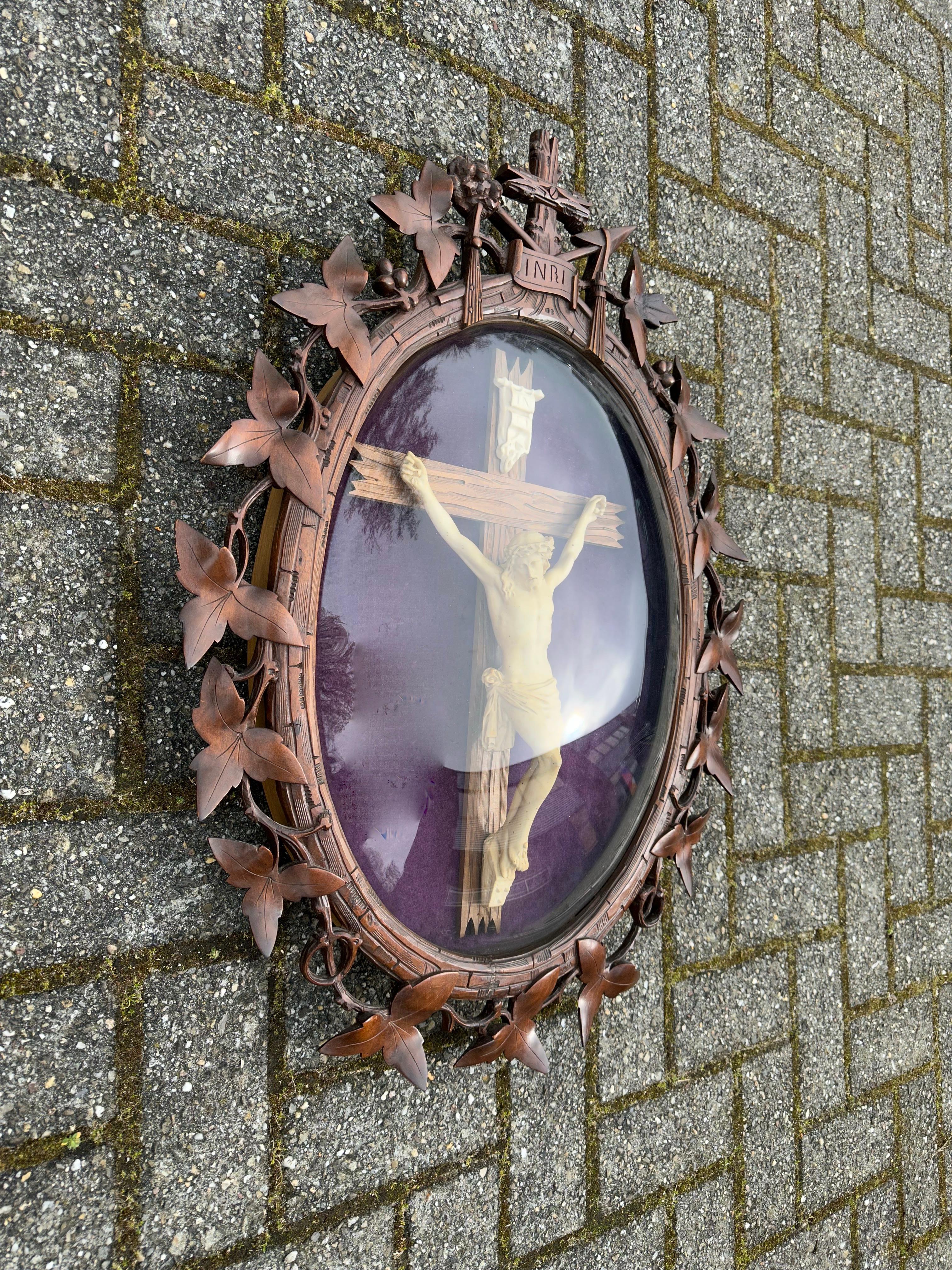 Large Antique Hand Carved Wood Black Forest Wall Plaque W. Crucifix Behind Glass For Sale 11