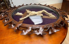 Large Antique Hand Carved Wood Black Forest Wall Plaque W. Crucifix Behind Glass