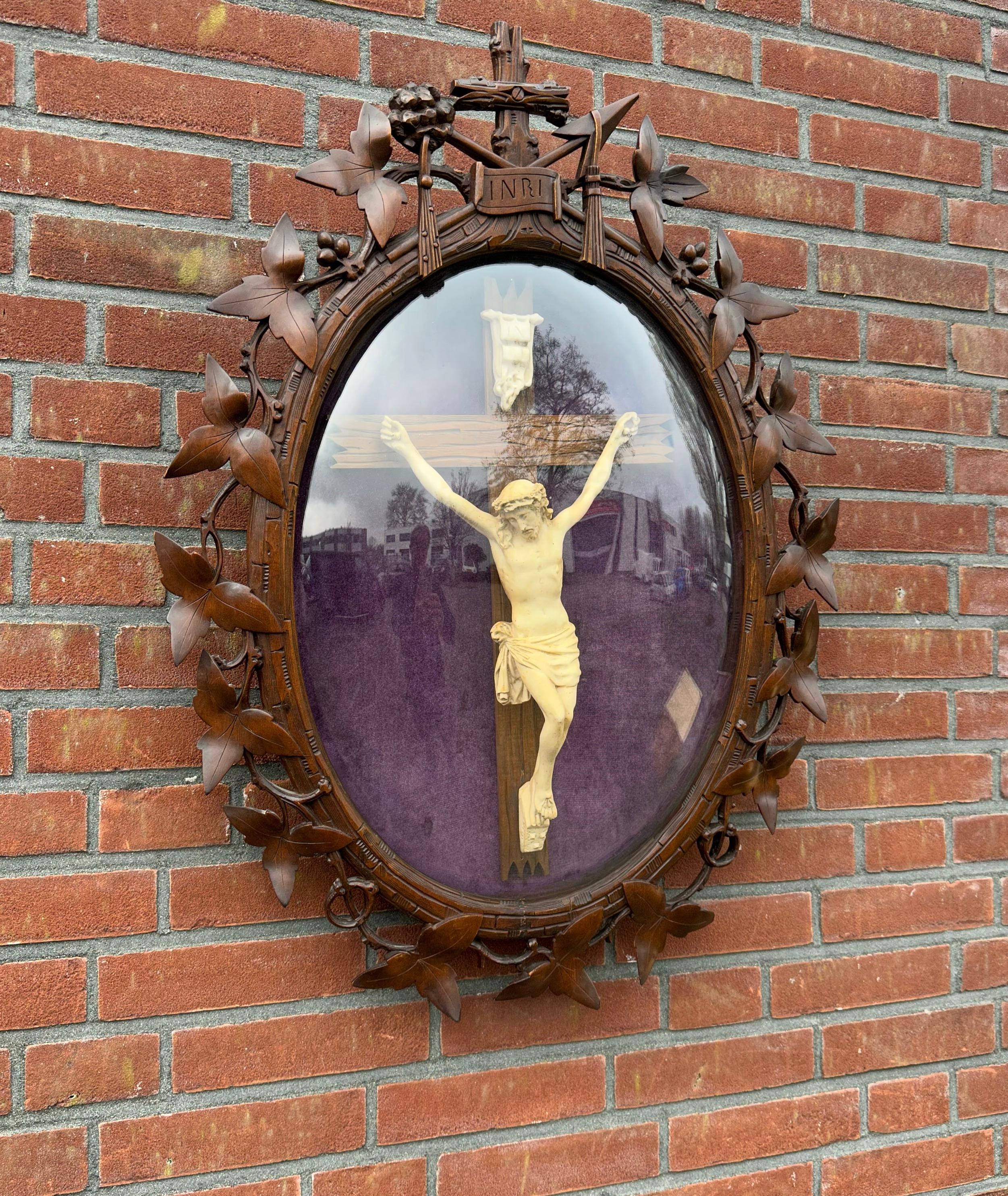 Large Antique Hand Carved Wood Black Forest Wall Plaque W. Crucifix Behind Glass For Sale 12