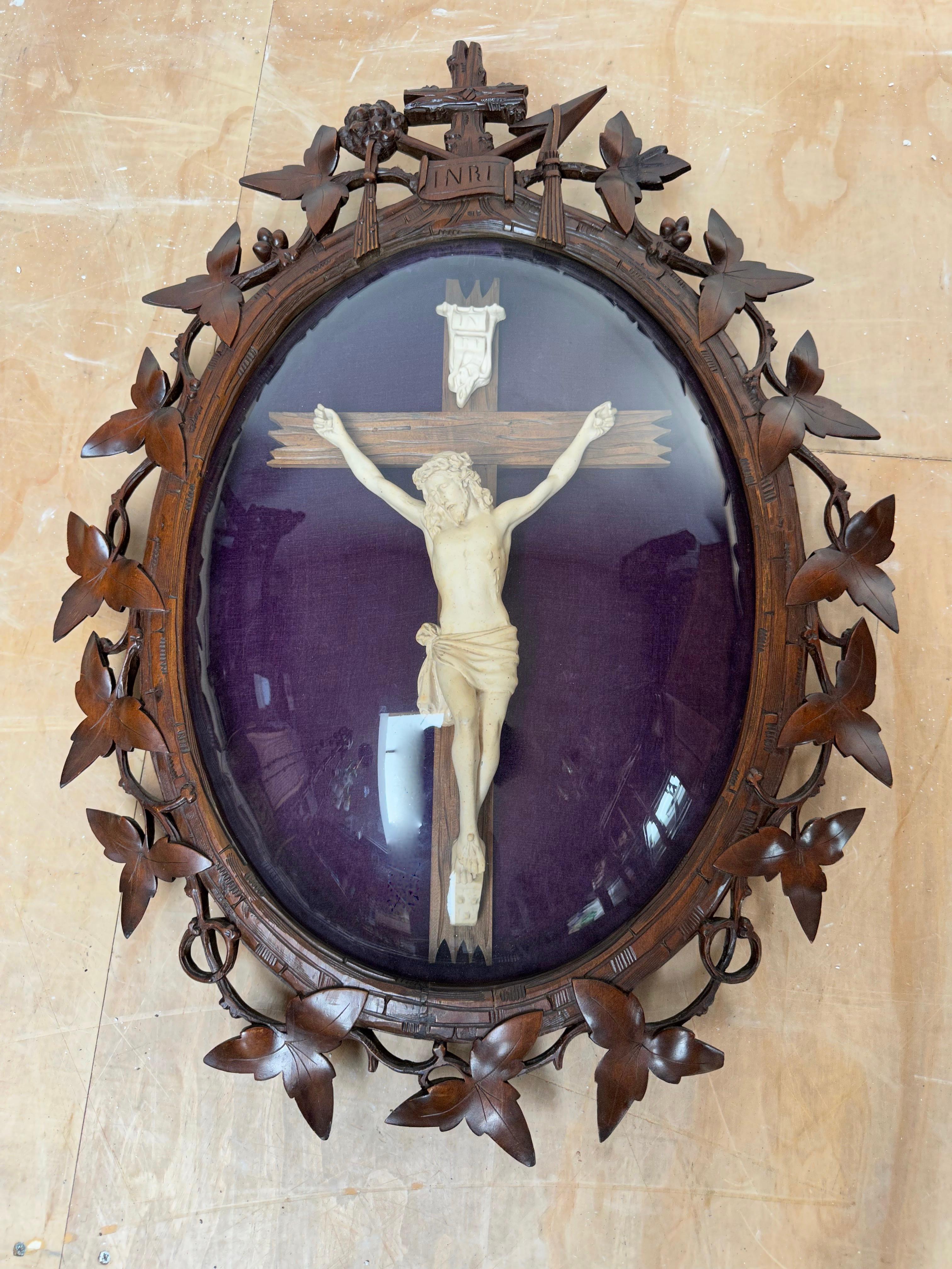 Gothic Revival Large Antique Hand Carved Wood Black Forest Wall Plaque W. Crucifix Behind Glass For Sale