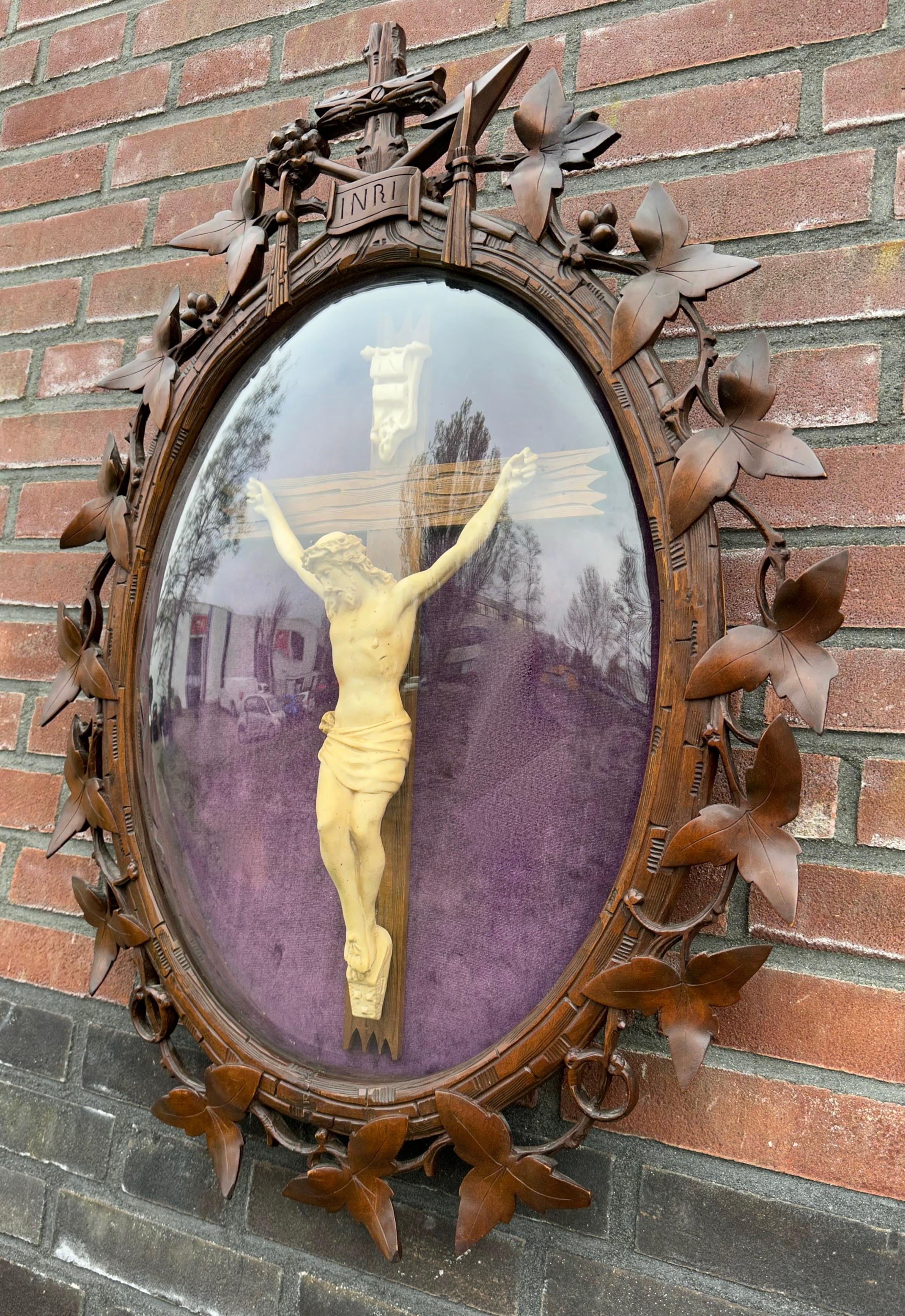 European Large Antique Hand Carved Wood Black Forest Wall Plaque W. Crucifix Behind Glass For Sale
