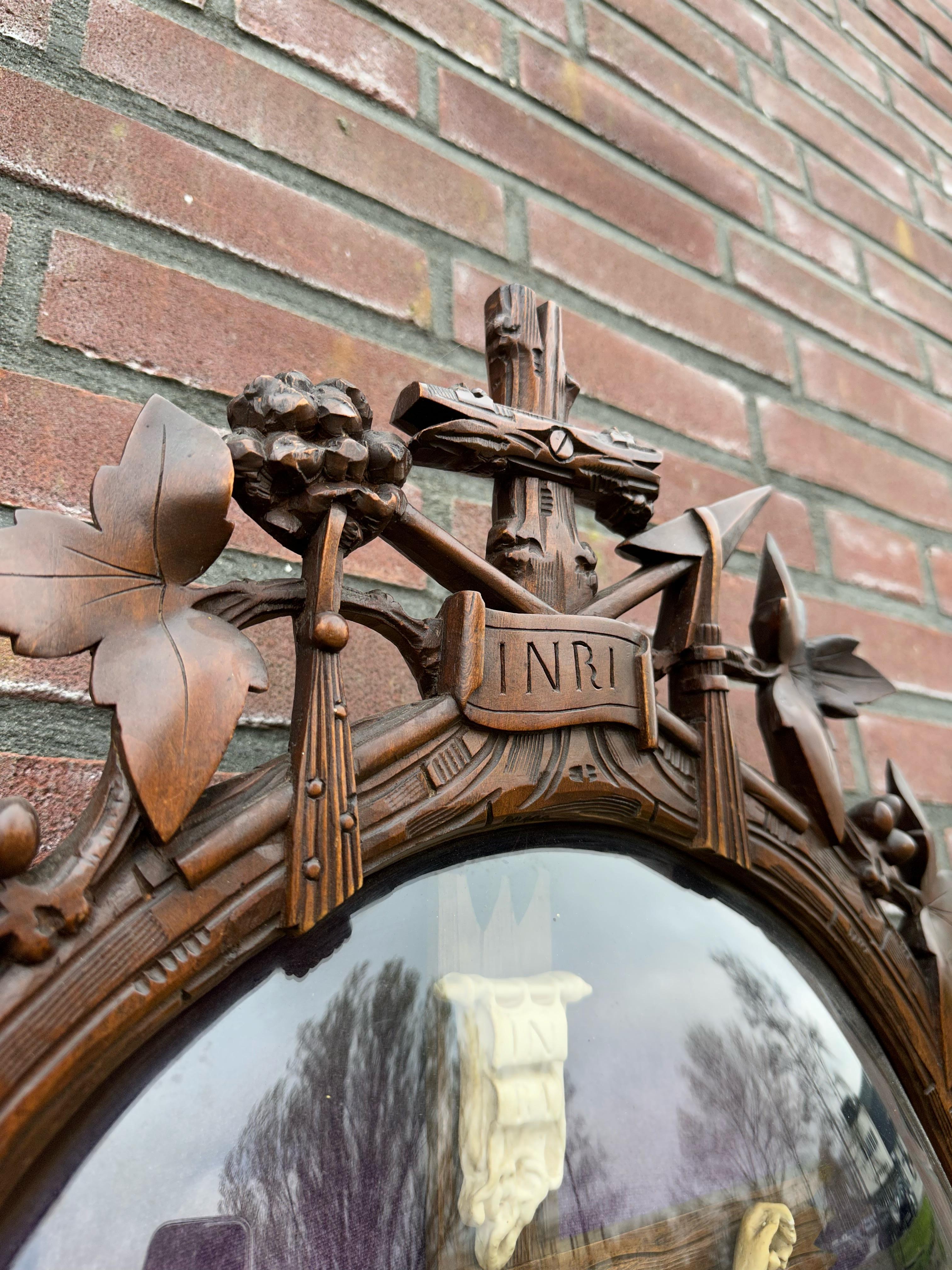 19th Century Large Antique Hand Carved Wood Black Forest Wall Plaque W. Crucifix Behind Glass For Sale