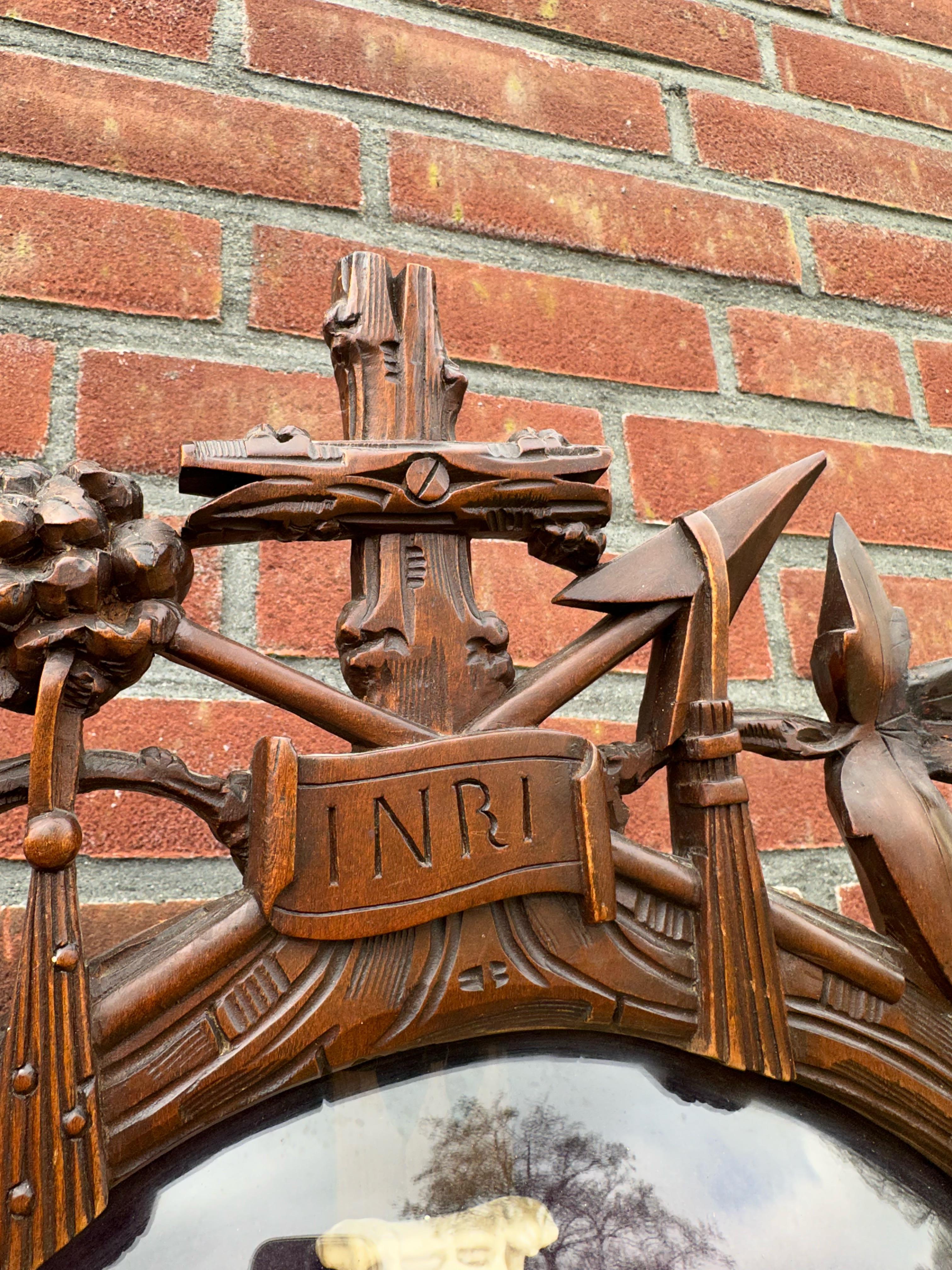 Large Antique Hand Carved Wood Black Forest Wall Plaque W. Crucifix Behind Glass For Sale 1