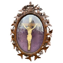 Large Antique Hand Carved Wood Black Forest Wall Plaque W. Crucifix Behind Glass