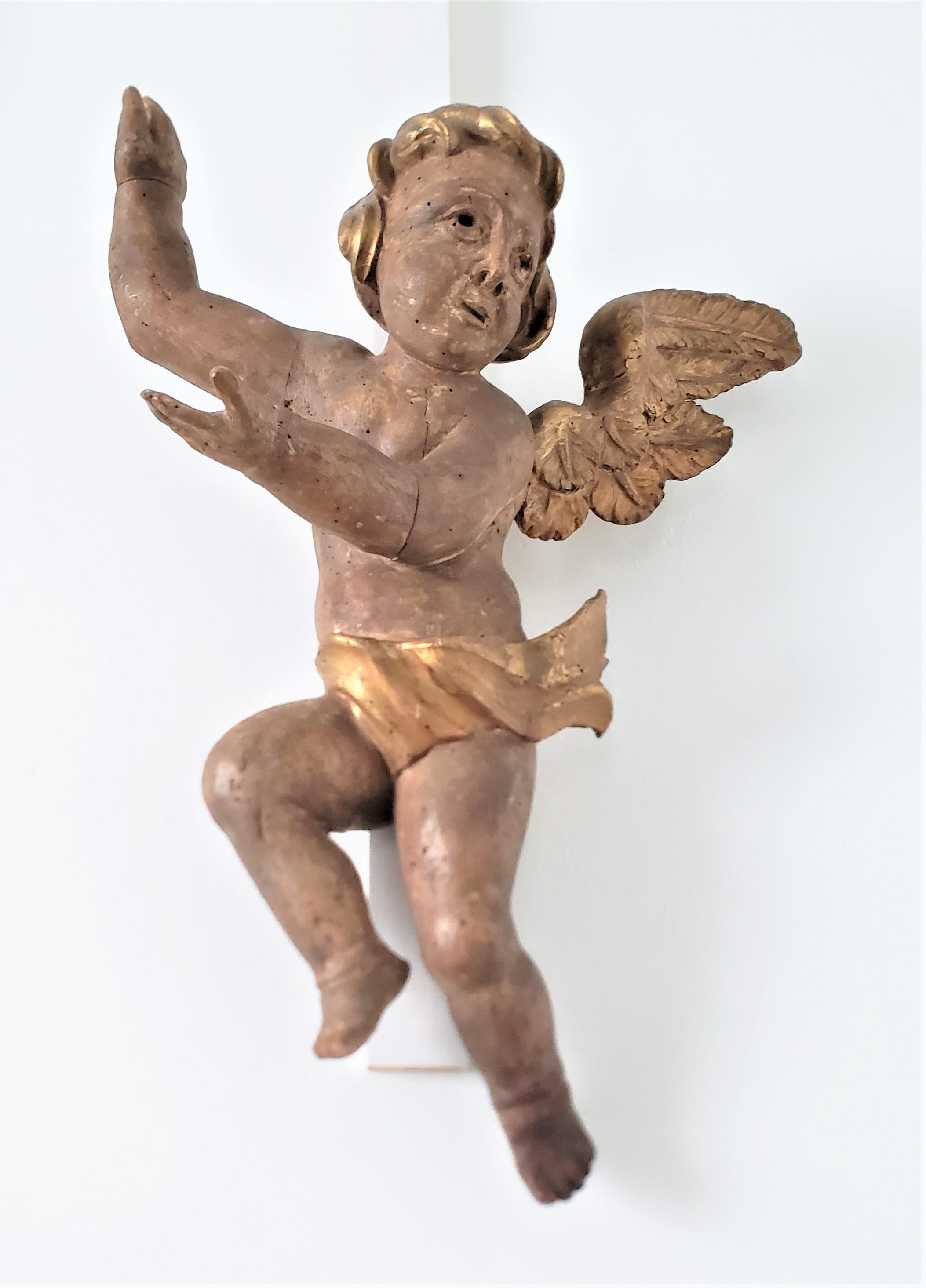 18th Century Large Antique Hand-Carved Wooden Cherub Architectural Element or Wall Sculpture For Sale