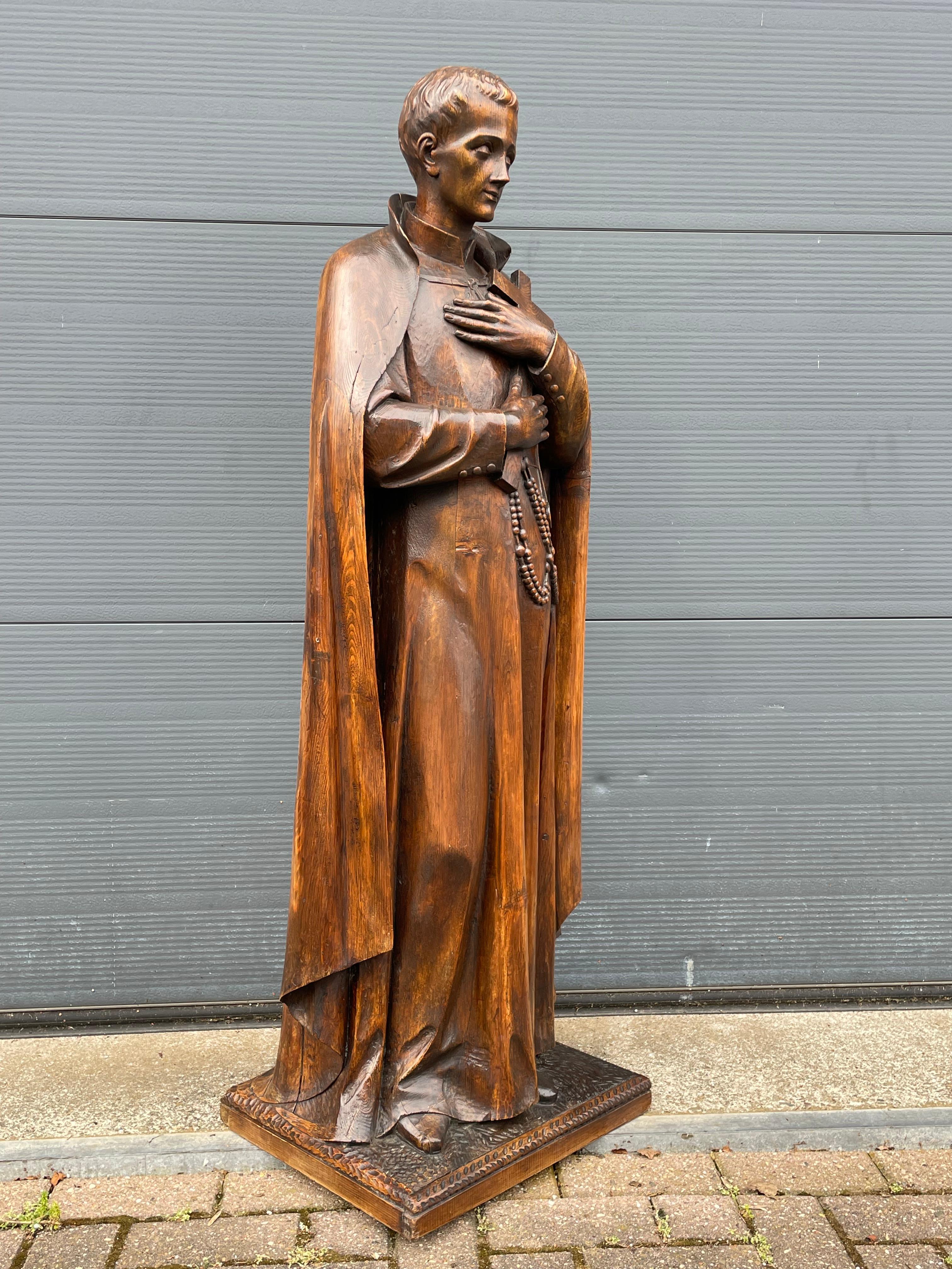 Renaissance Large Antique Carved Wooden Church Sculpture, Lay Brother & Saint Gerard Majella