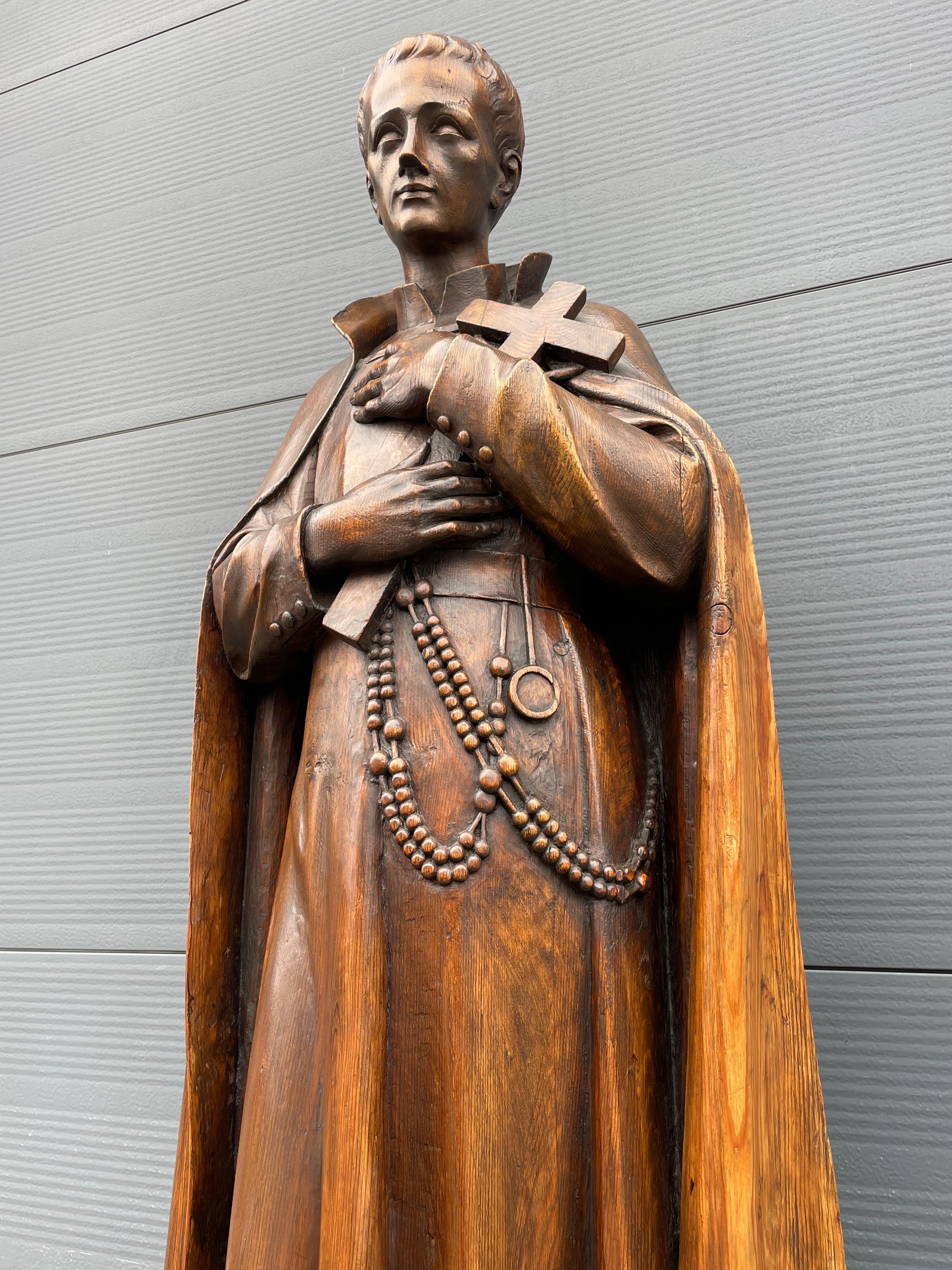 Patinated Large Antique Carved Wooden Church Sculpture, Lay Brother & Saint Gerard Majella