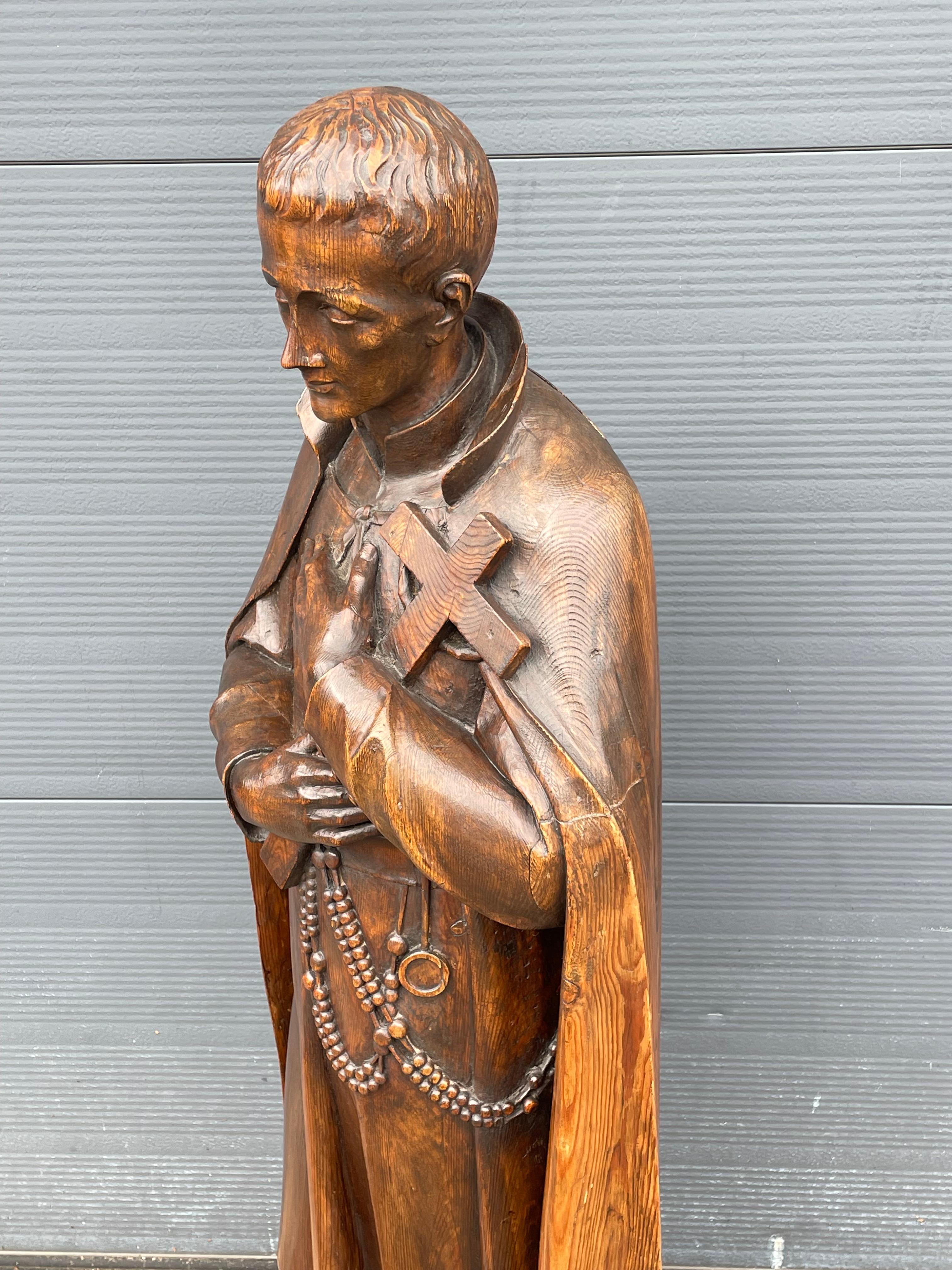 Large Antique Carved Wooden Church Sculpture, Lay Brother & Saint Gerard Majella In Good Condition In Lisse, NL