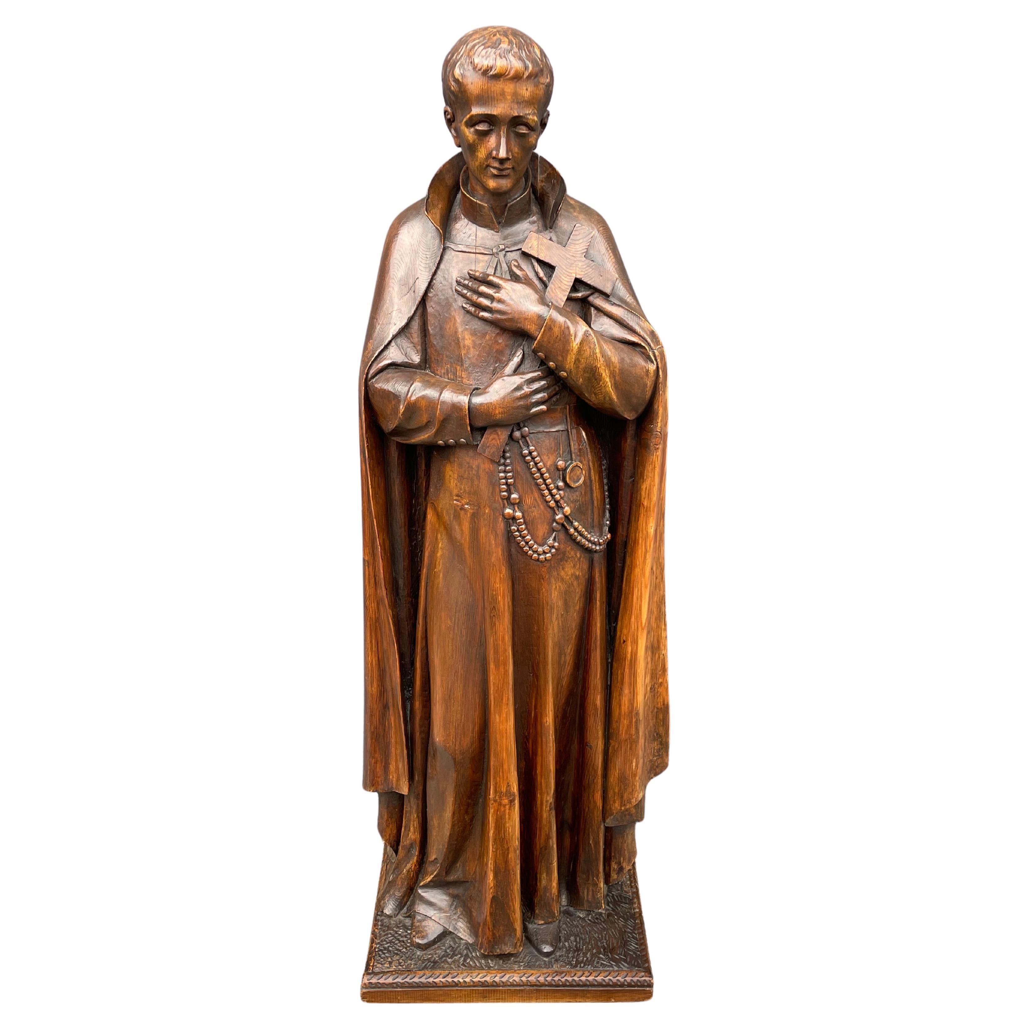 Grande sculpture d'église ancienne en bois sculpté, Lay Brother & Saint Gerard Majella