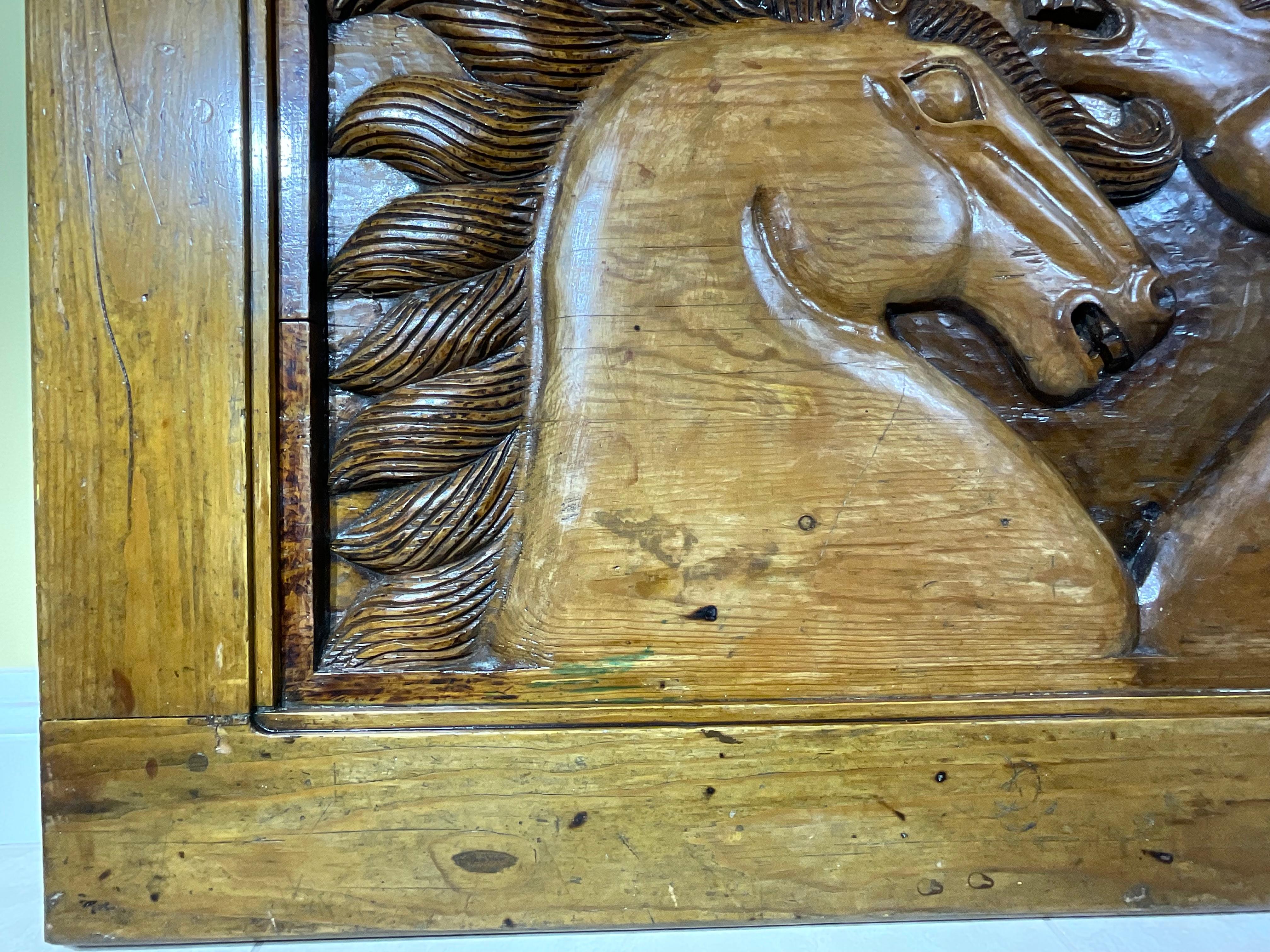 Large Antique Hand-Carved Wooden Horse Tableau - Wall Hanging For Sale 5