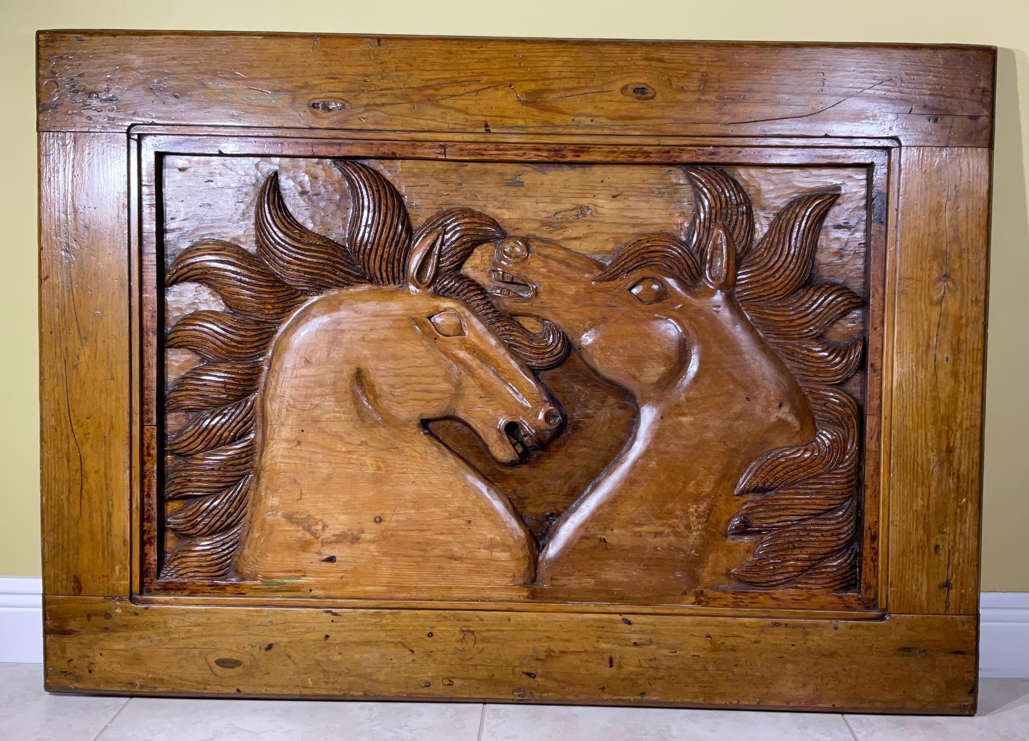 Large Antique Hand-Carved Wooden Horse Tableau - Wall Hanging For Sale 9