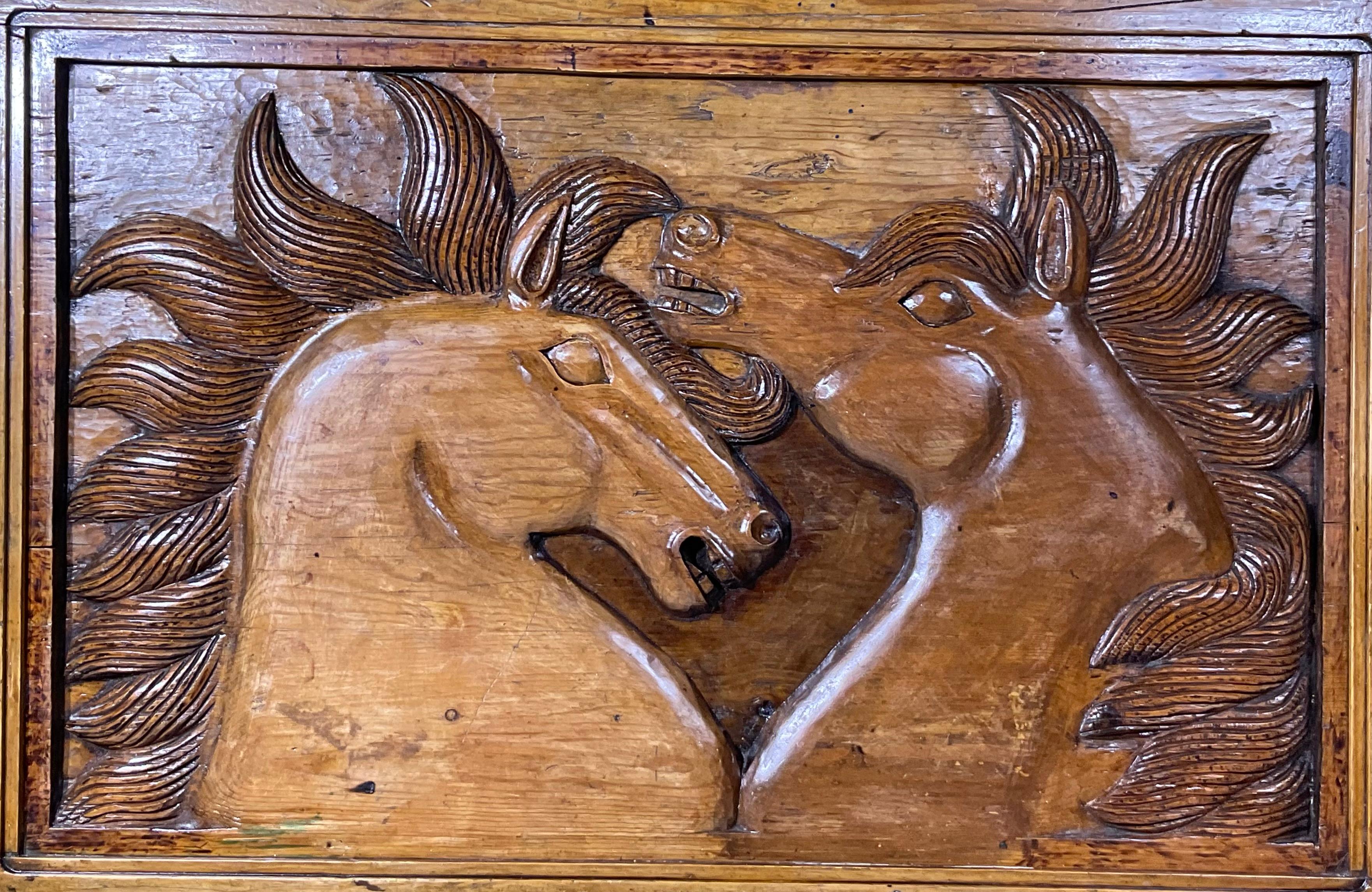 American Large Antique Hand-Carved Wooden Horse Tableau - Wall Hanging For Sale