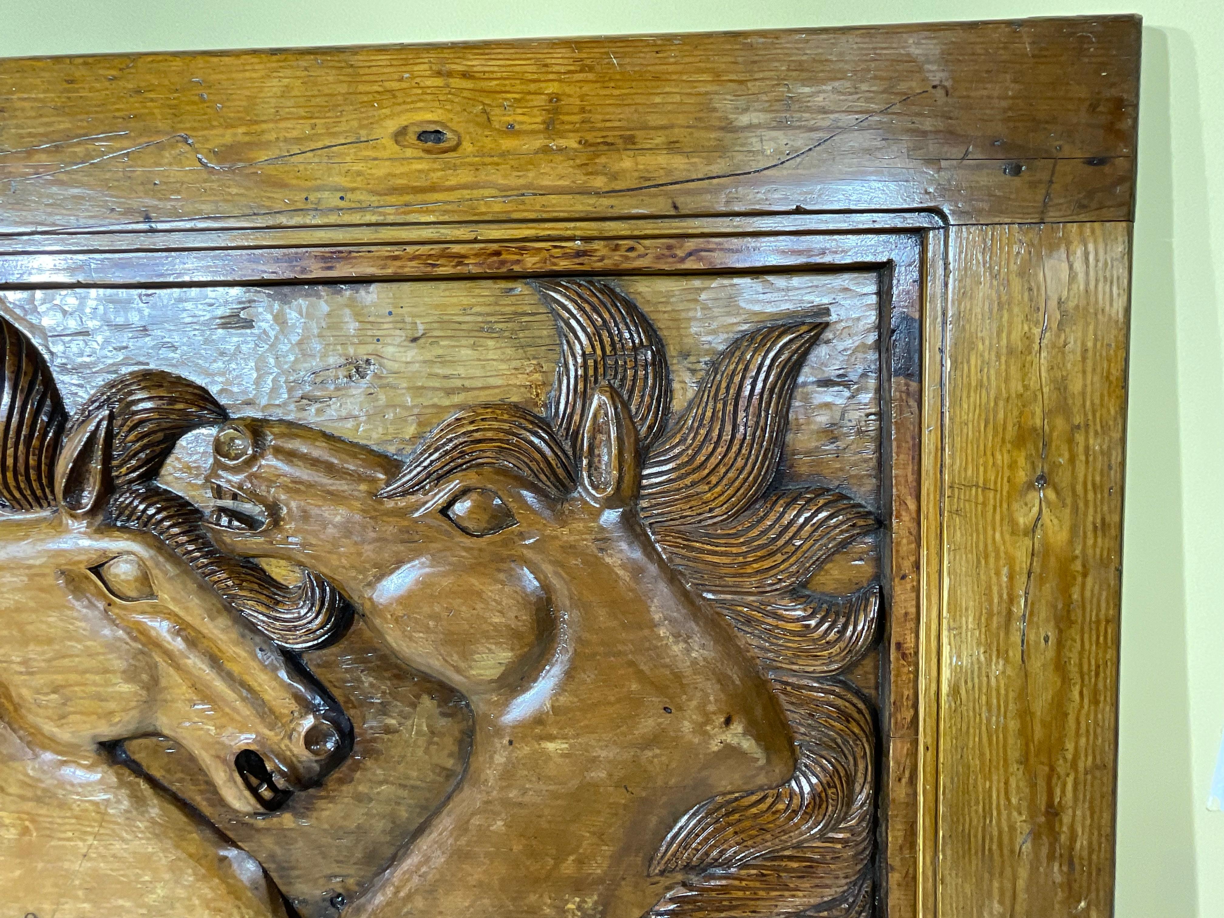 Large Antique Hand-Carved Wooden Horse Tableau - Wall Hanging In Good Condition For Sale In Delray Beach, FL