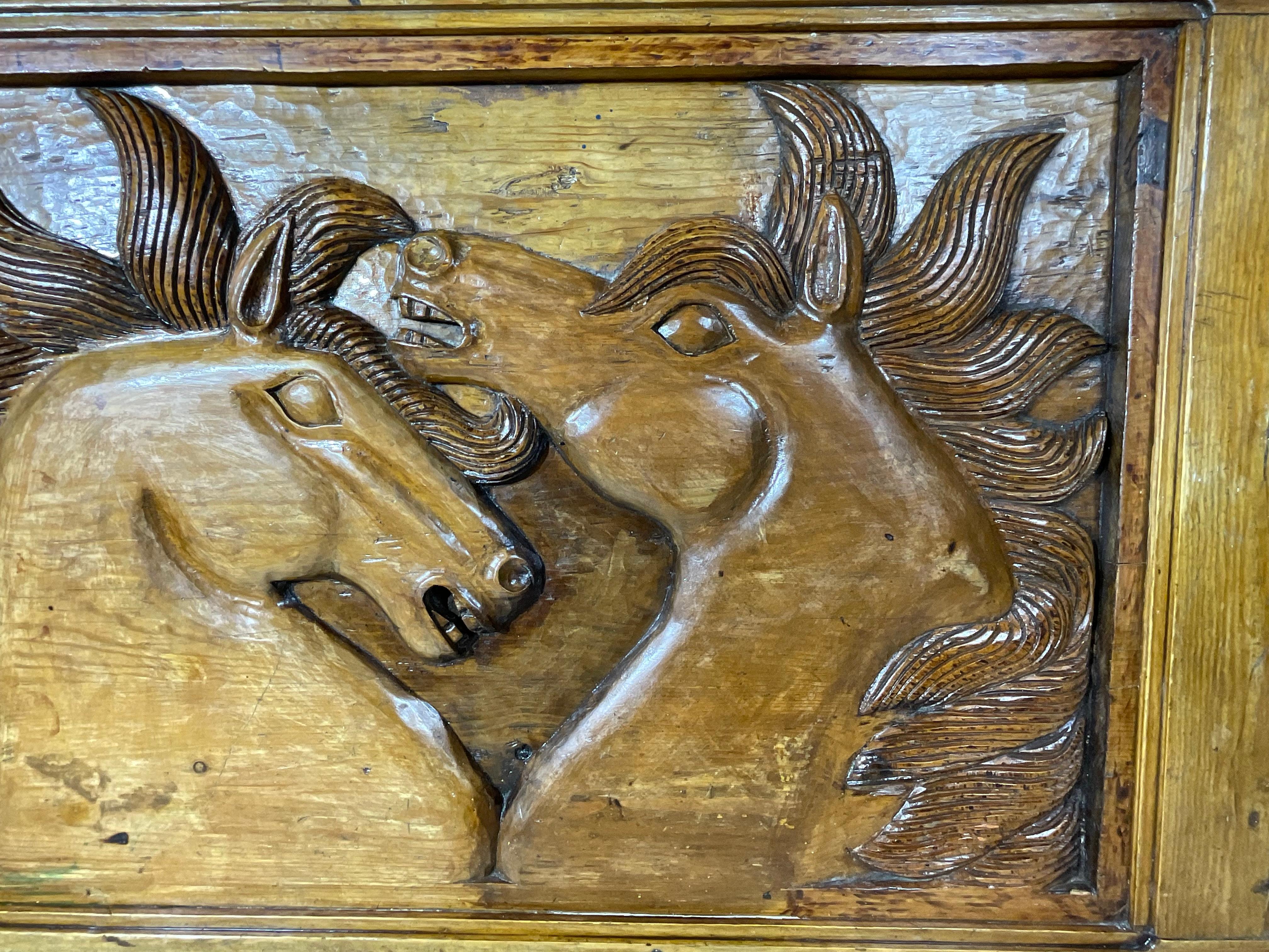 20th Century Large Antique Hand-Carved Wooden Horse Tableau - Wall Hanging For Sale