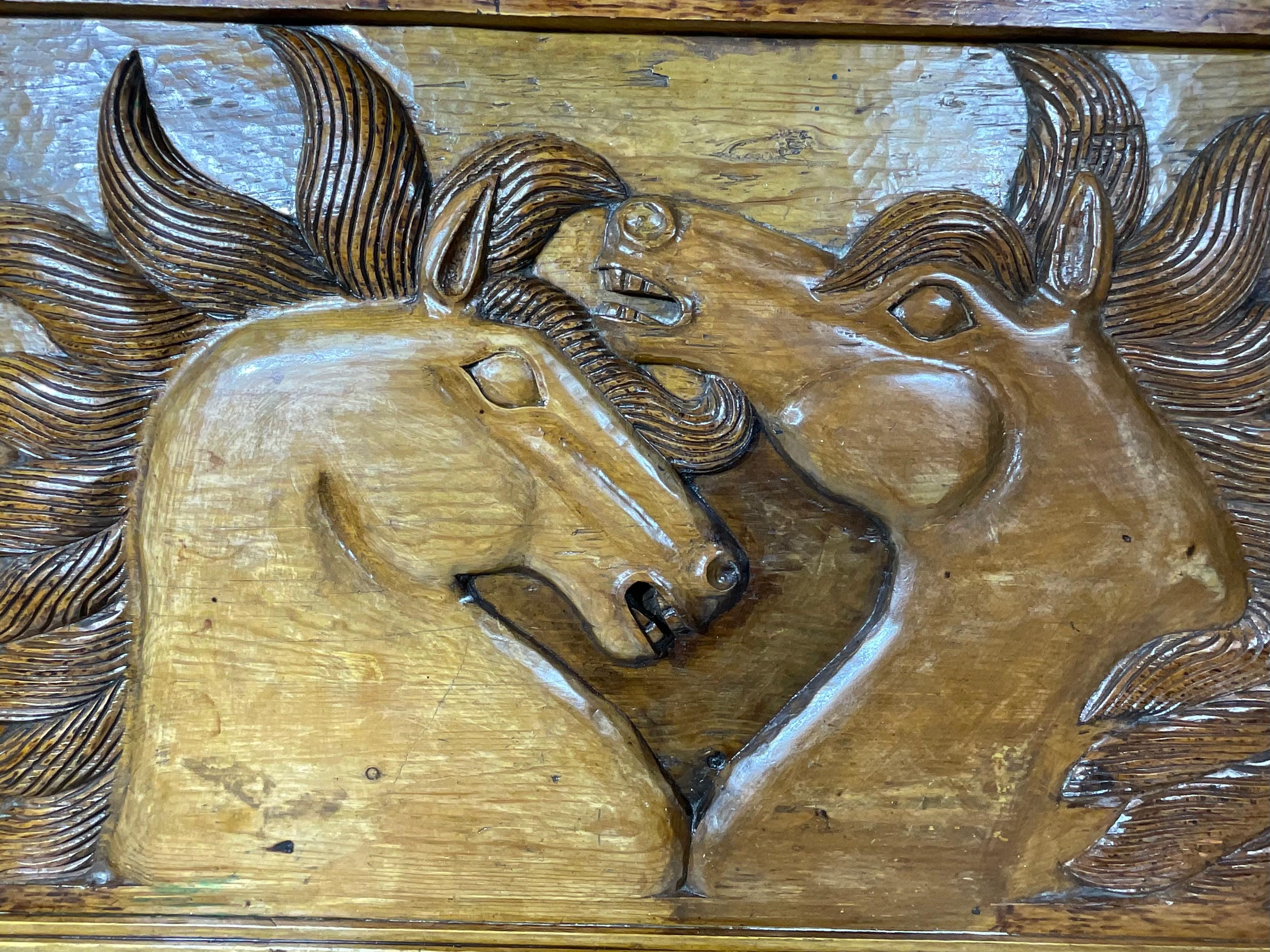 Large Antique Hand-Carved Wooden Horse Tableau - Wall Hanging For Sale 1