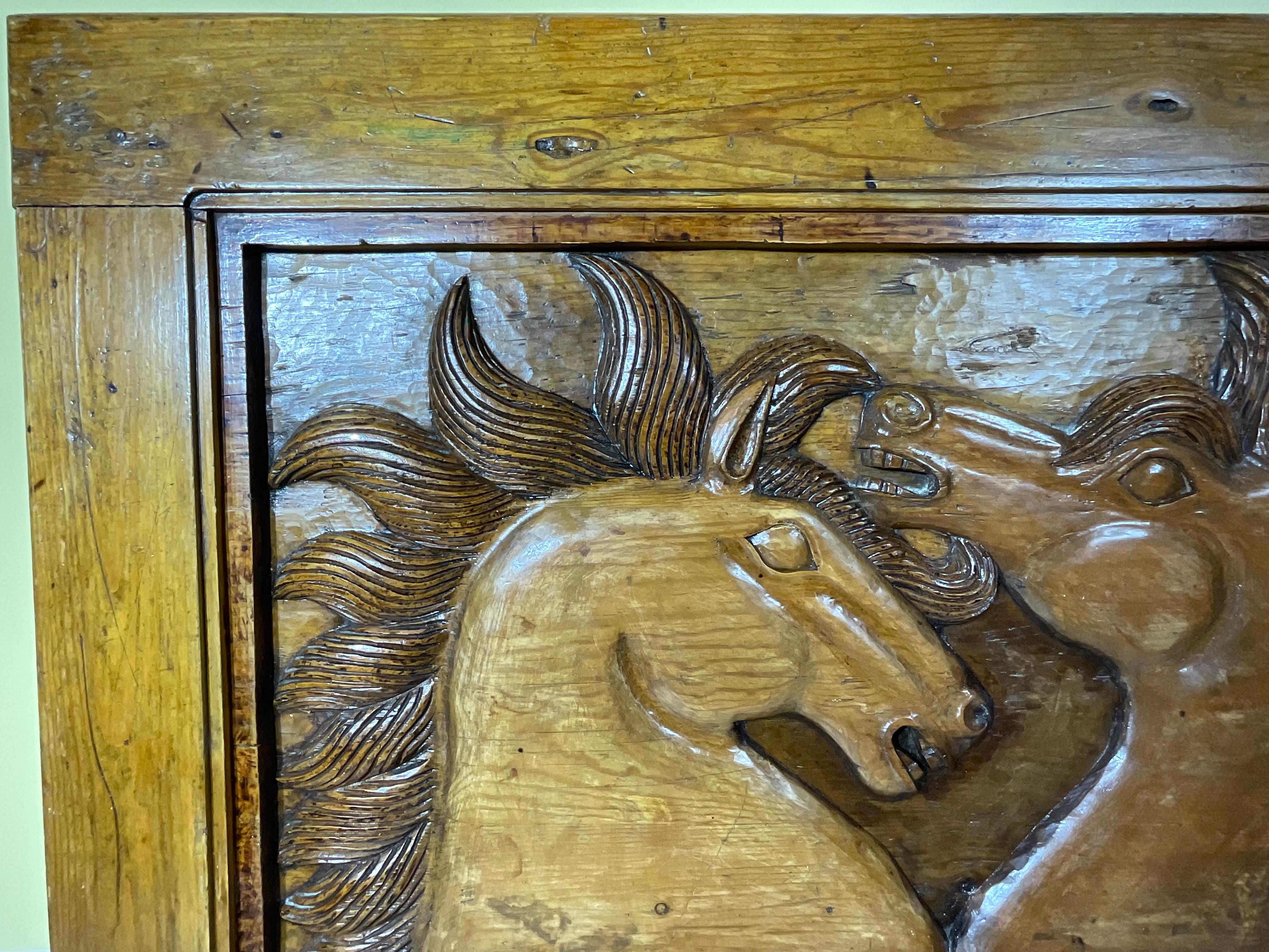 Large Antique Hand-Carved Wooden Horse Tableau - Wall Hanging For Sale 2