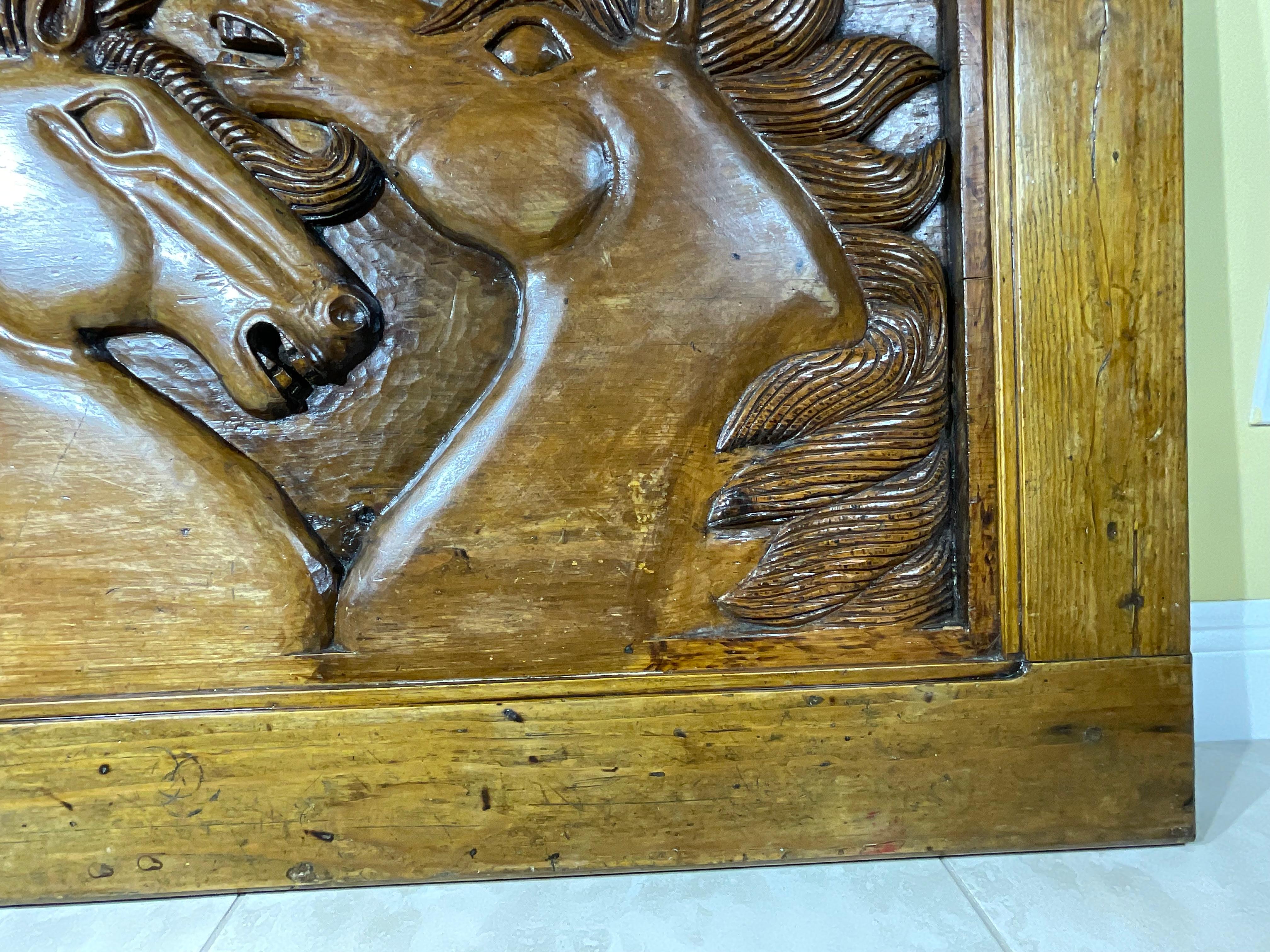 Large Antique Hand-Carved Wooden Horse Tableau - Wall Hanging For Sale 3