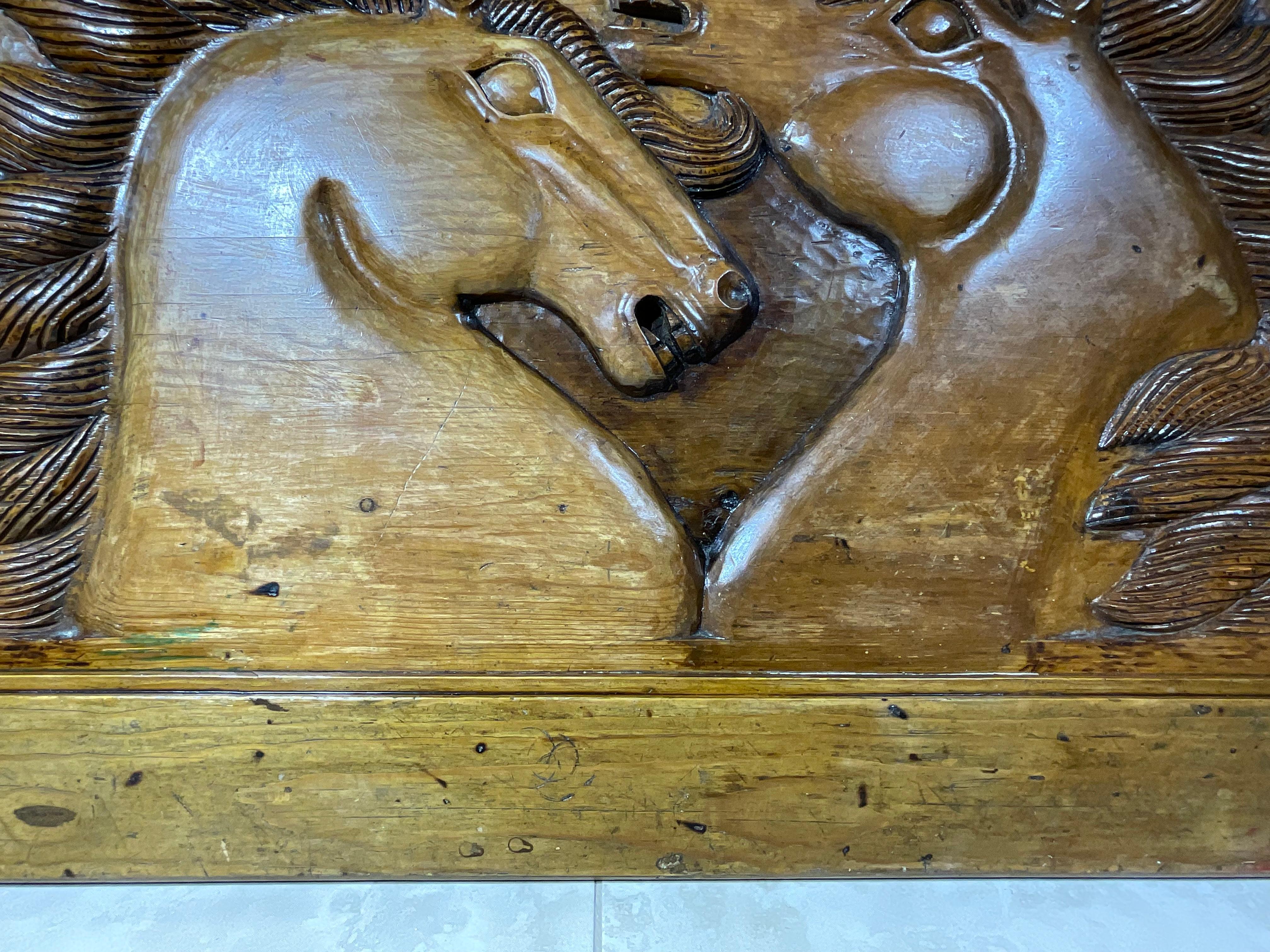 Large Antique Hand-Carved Wooden Horse Tableau - Wall Hanging For Sale 4
