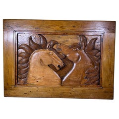 Large Antique Hand-Carved Wooden Horse Tableau - Wall Hanging