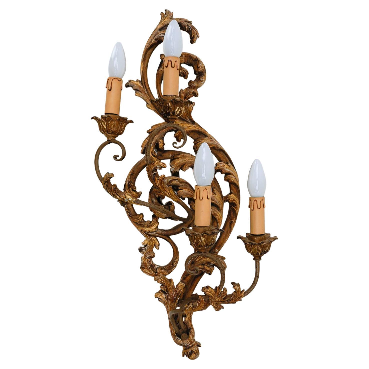 Large Antique Hand Carved Wooden Wall Lamp, 1950s Italy For Sale
