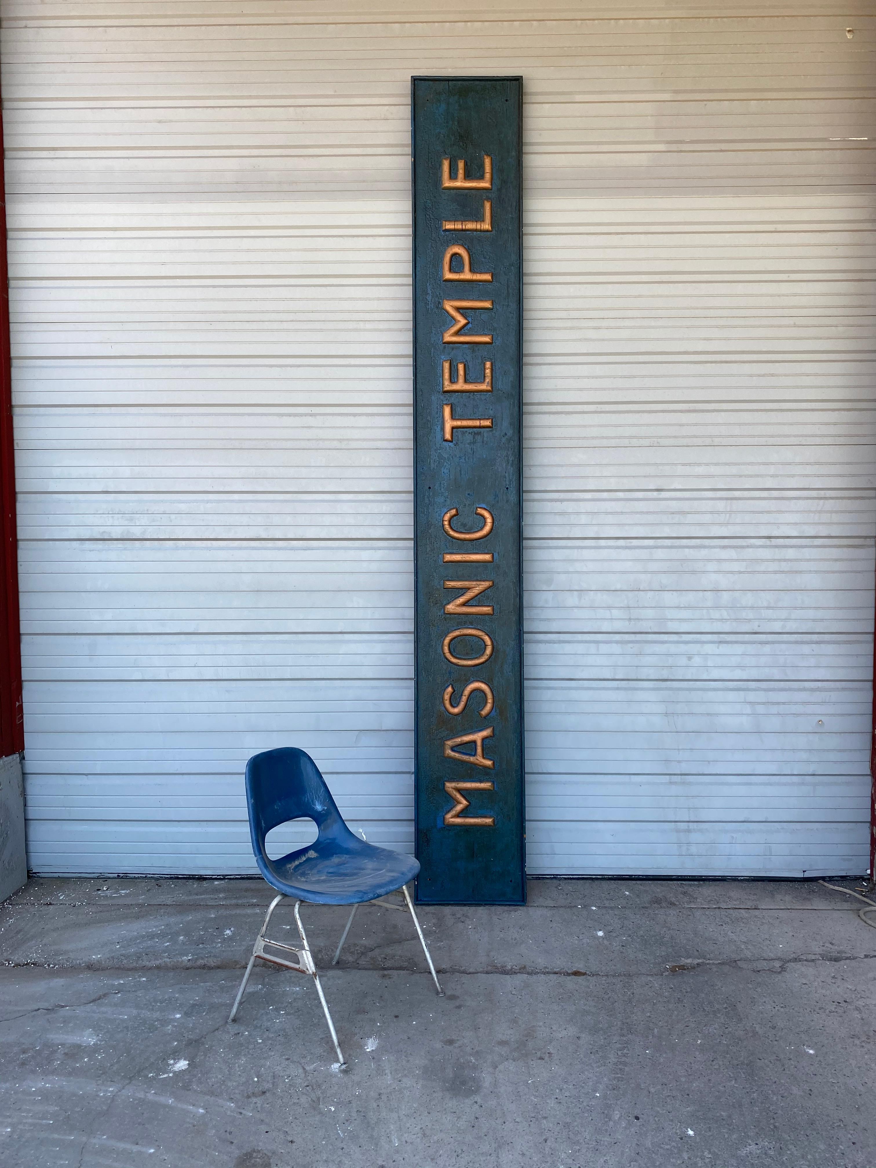 Large antique handcrafted Folk Art sign ..MASONIC TEMPLE,, Beautiful sign,, turn of the century,, Retains original finish,, patina,, modeled blue background,, raised letters.