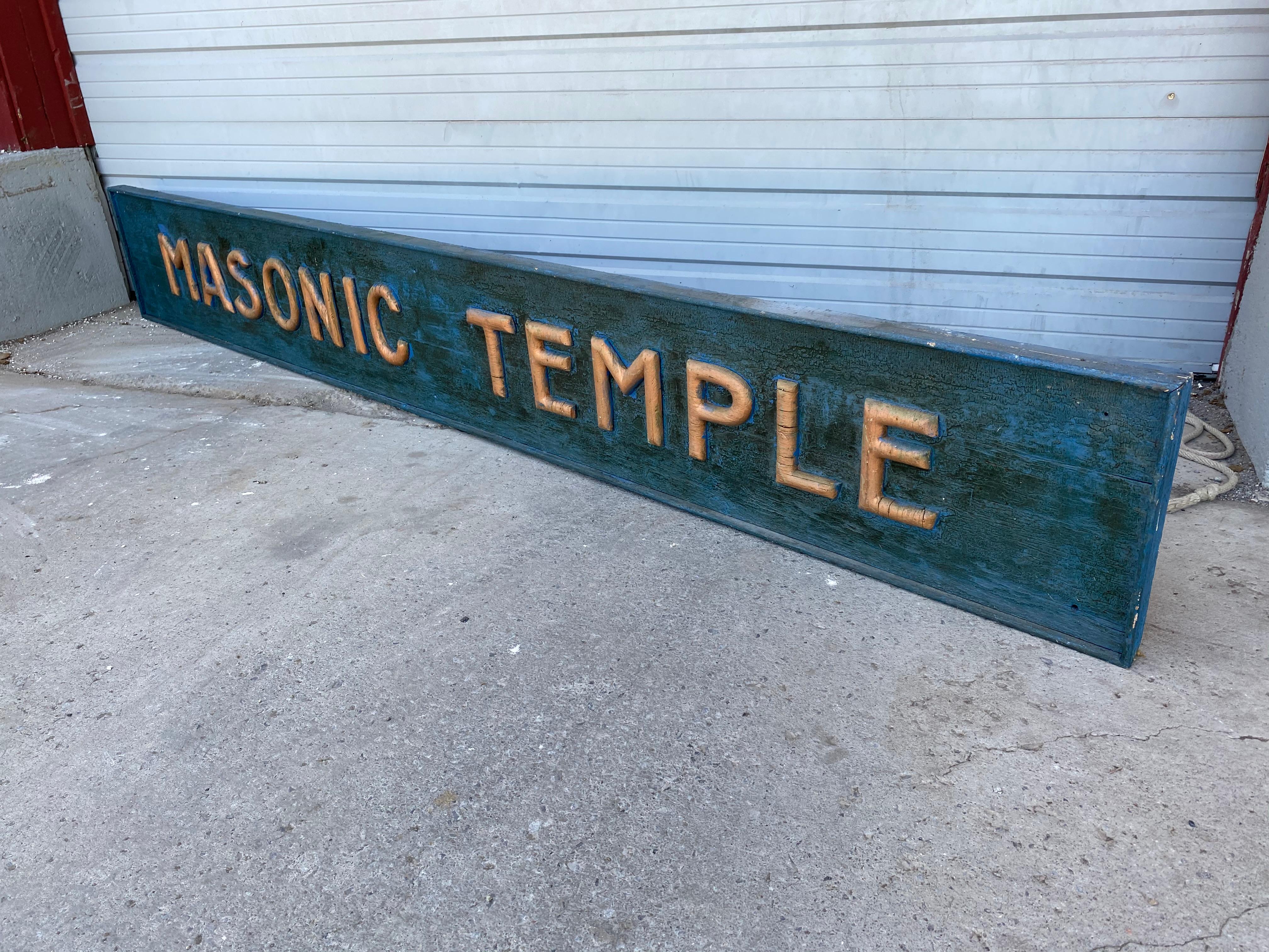 American Large Antique Handcrafted Folk Art Sign ..MASONIC TEMPLE, Raised Letters For Sale