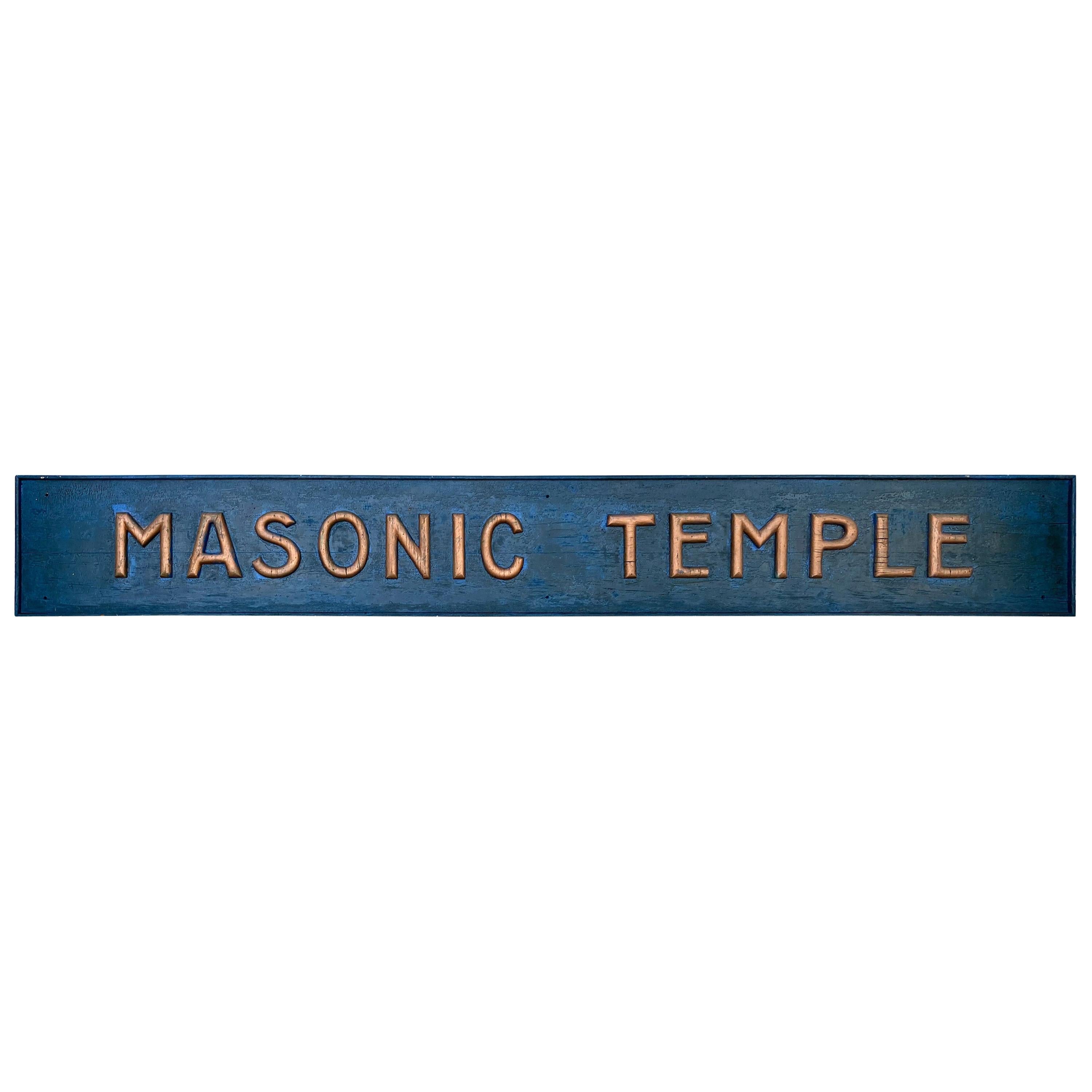 Large Antique Handcrafted Folk Art Sign ..MASONIC TEMPLE, Raised Letters For Sale