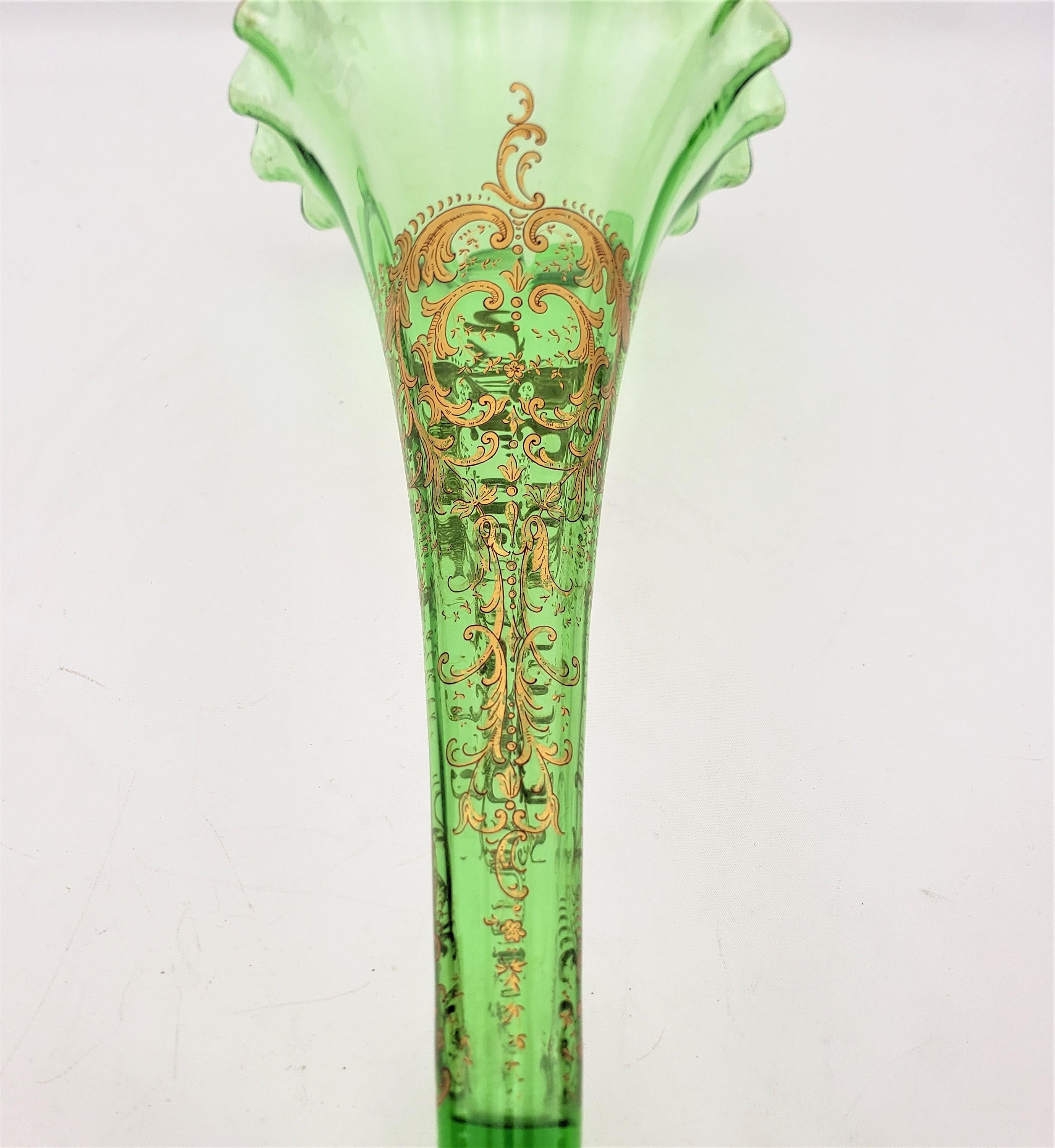 Victorian Large Antique Hand-Crafted Green Glass Trumpet Vase with Gilt Scroll Decoration For Sale