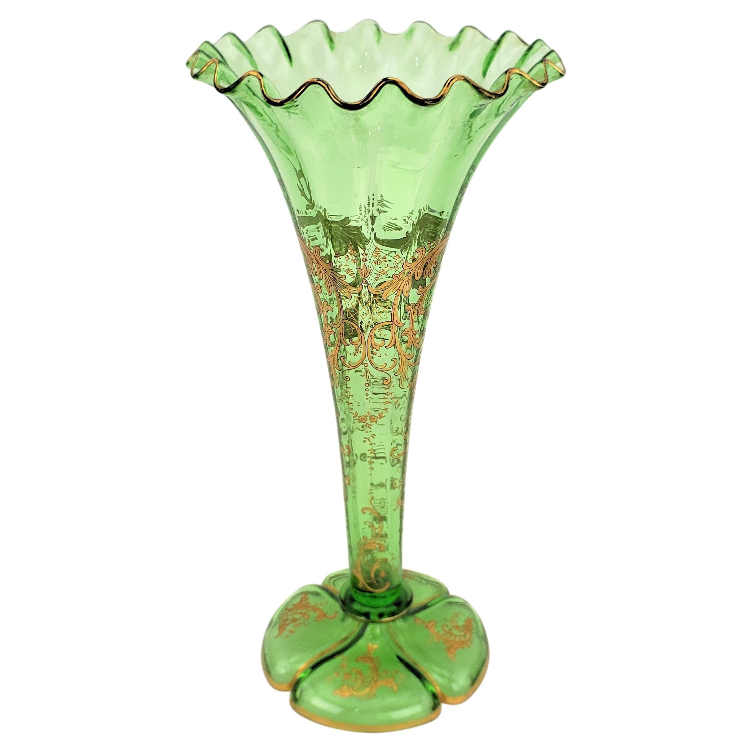 Large Antique Hand-Crafted Green Glass Trumpet Vase with Gilt Scroll Decoration For Sale