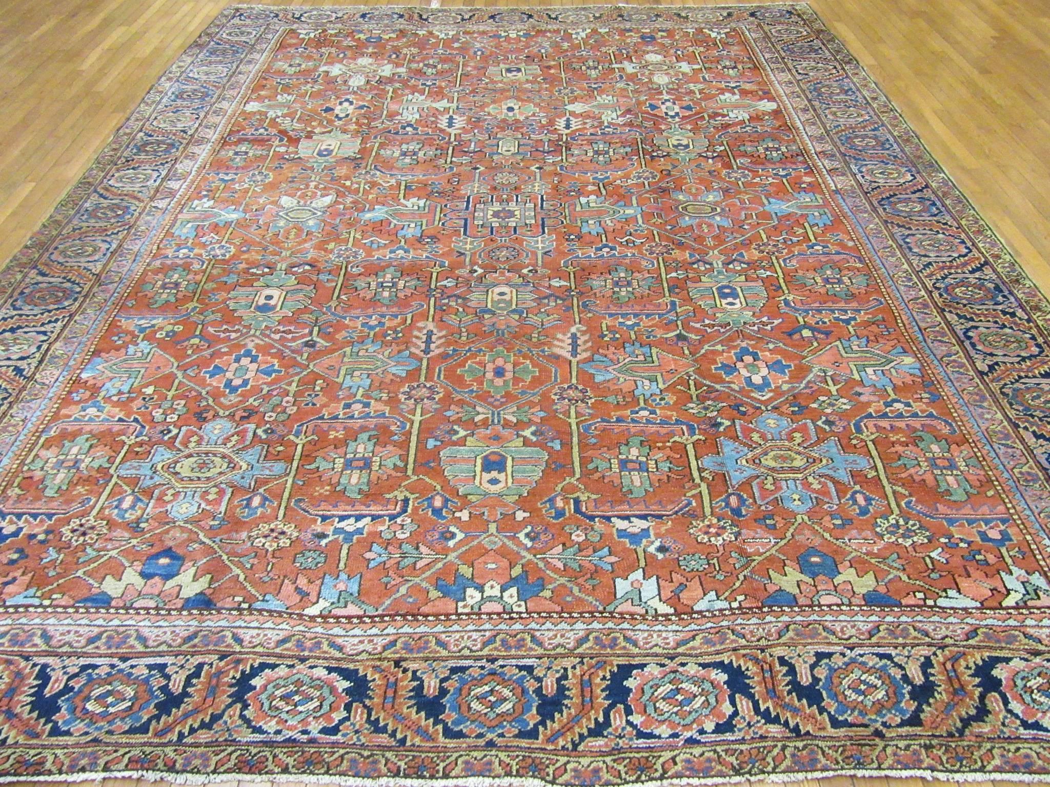 Large Antique Hand-Knotted Persian Heriz Rug 4