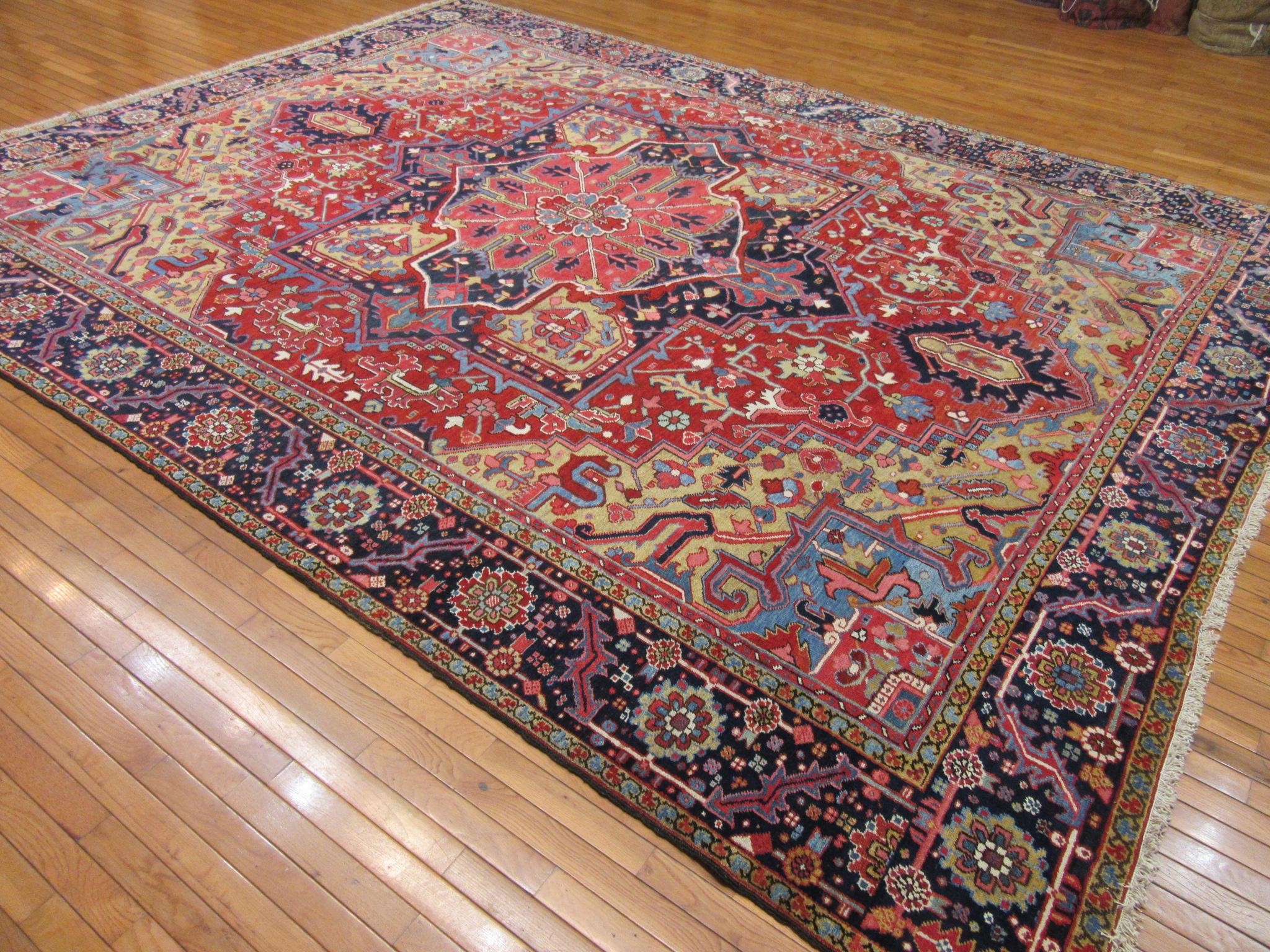 Large 10 x 13 Antique Hand Knotted Red wool Persian Heriz Rug For Sale 5
